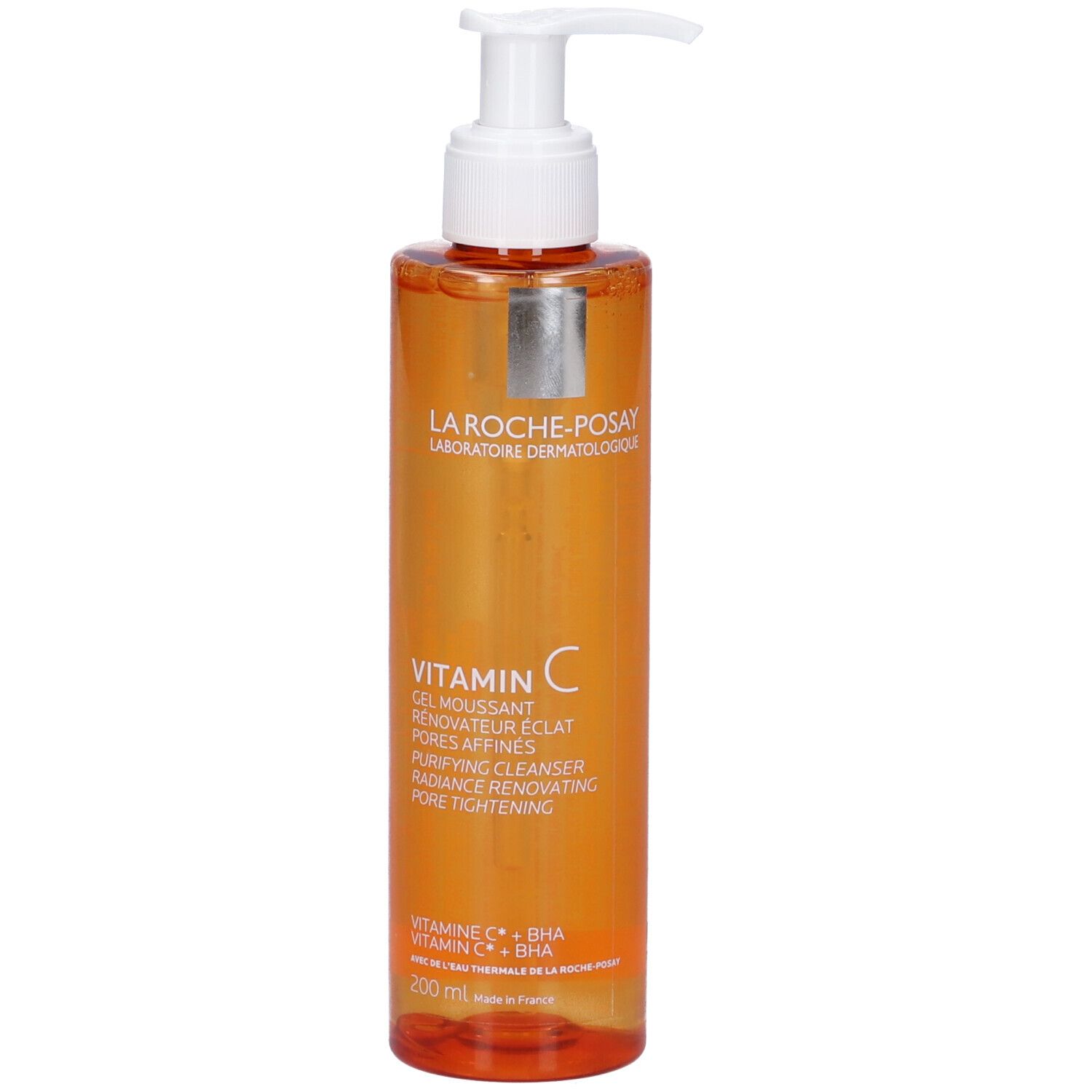 Flacone arancione con dosatore bianco. Scritta: Vitamin C Gel Moussant. Marchio: La Roche-Posay.