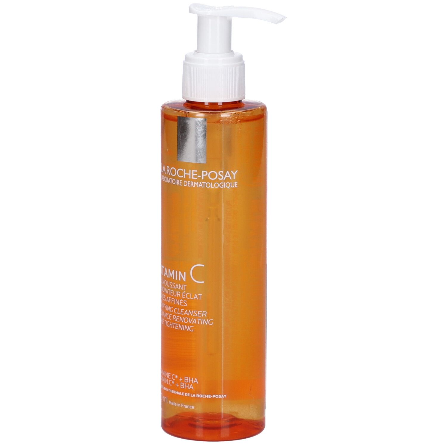 Flacone arancione con dosatore bianco. Scritta: Vitamin C Gel Moussant. Marchio: La Roche-Posay.