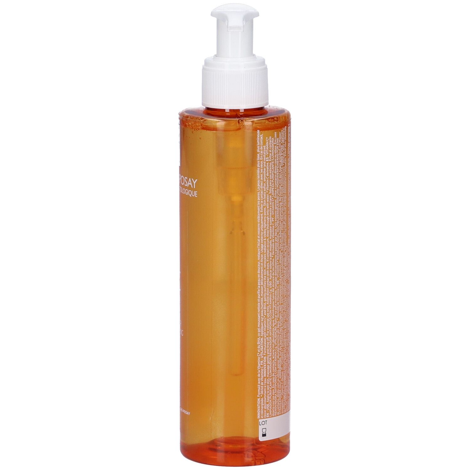 Flacone arancione con dosatore bianco. Testo sul retro. Marchio: La Roche-Posay.