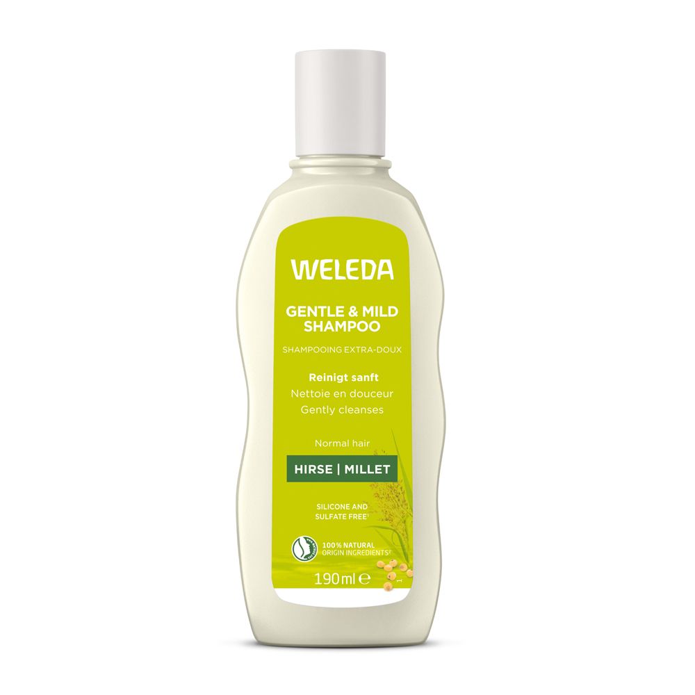 Shampoo Weleda Trattante Miglio. Flacone con tappo bianco ed etichetta gialla. Testo: Gentle & Mild Shampoo, Hirse/Millet, 190ml.
