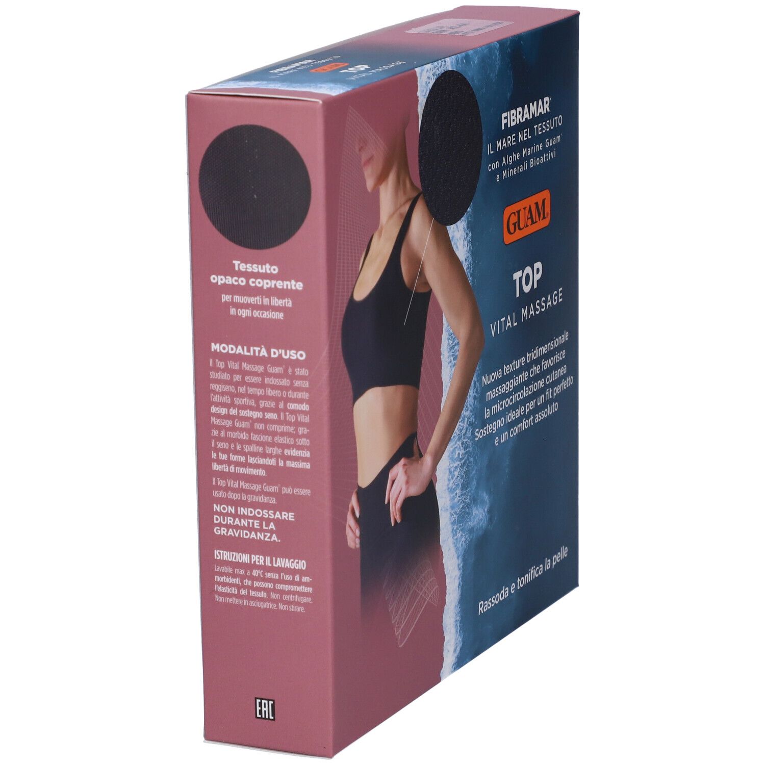Vista laterale della confezione Guam Top Vital Massage. Immagine del prodotto e testo. Prodotto nero.