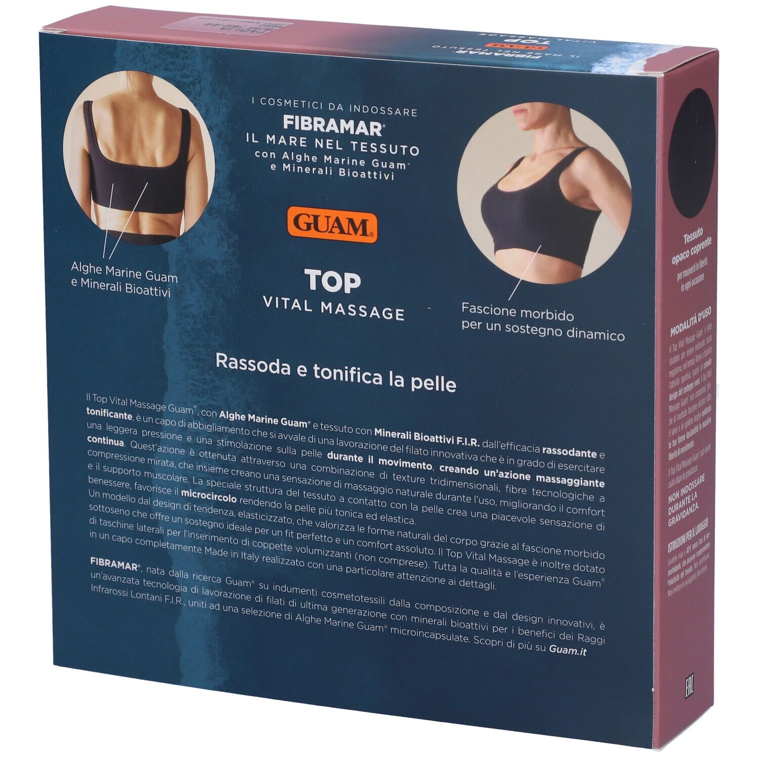 Retro della confezione Guam Top Vital Massage. Immagini del prodotto e testo. Prodotto nero.