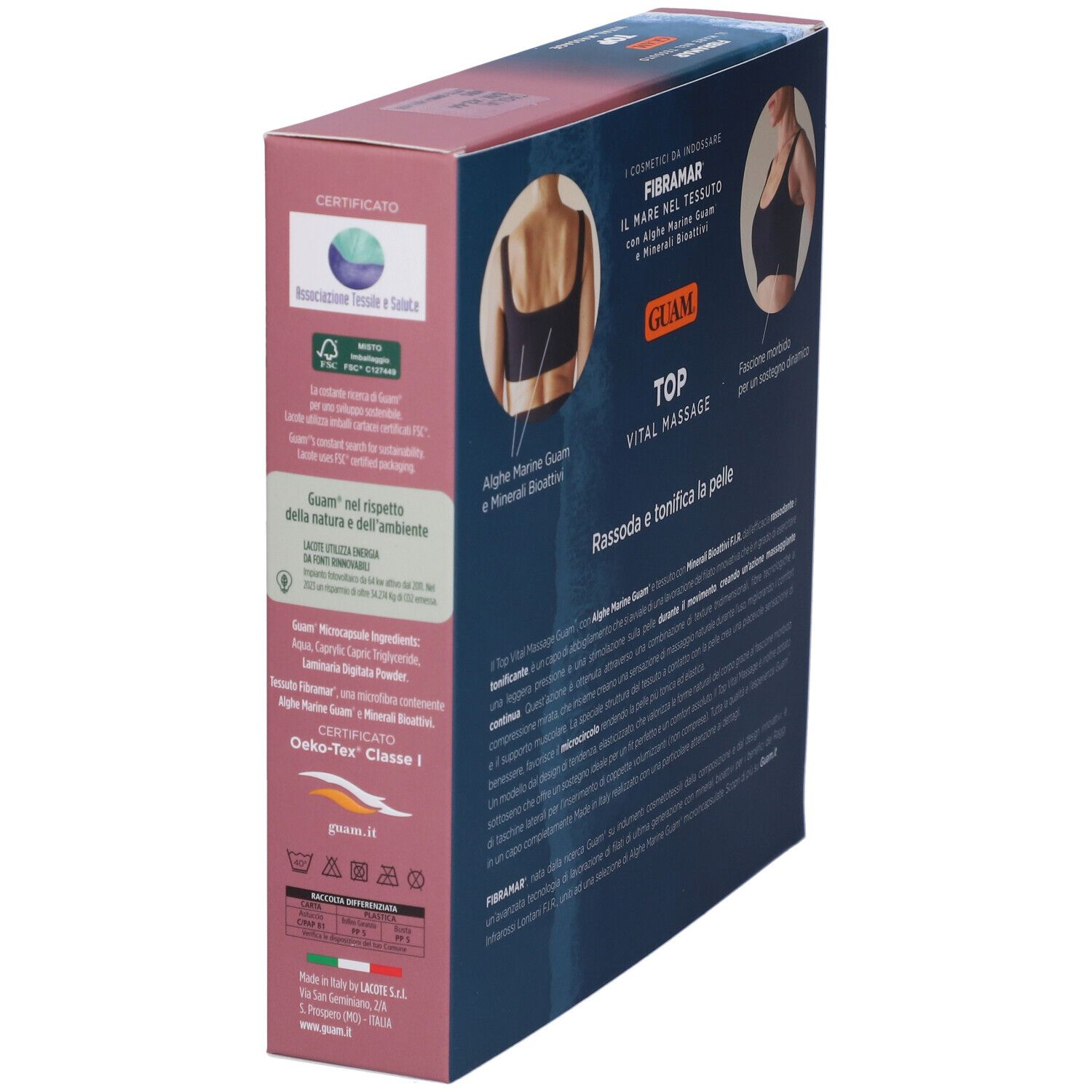 Vista laterale della confezione Guam Top Vital Massage. Testo e loghi. Certificazioni.