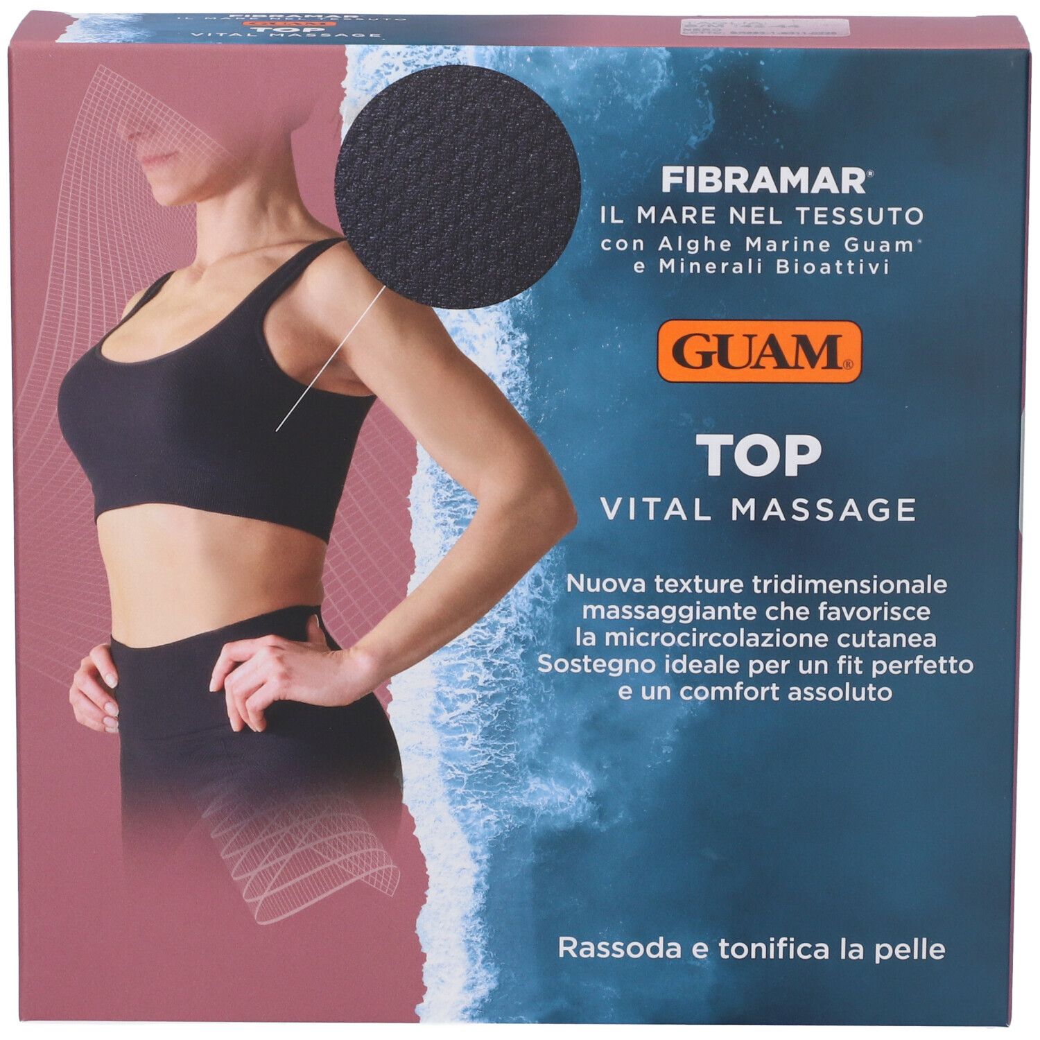 Guam Top Vital Massage. Immagine del prodotto e testo. Prodotto nero. Motivo a onde sullo sfondo.