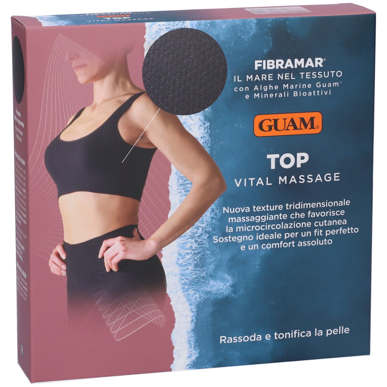 Confezione Guam Top Vital Massage. Immagine del prodotto e testo. Prodotto nero. Motivo a onde.