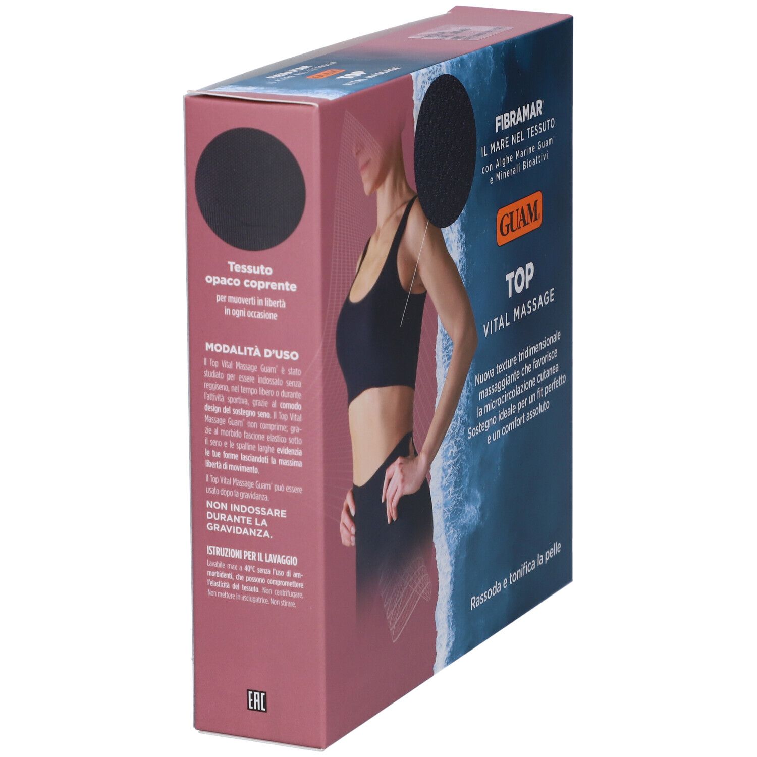 Confezione, vista laterale. Testo: GUAM TOP VITAL MASSAGE. FIBRAMAR. Donna in abbigliamento sportivo. Testo su uso e ingredienti.
