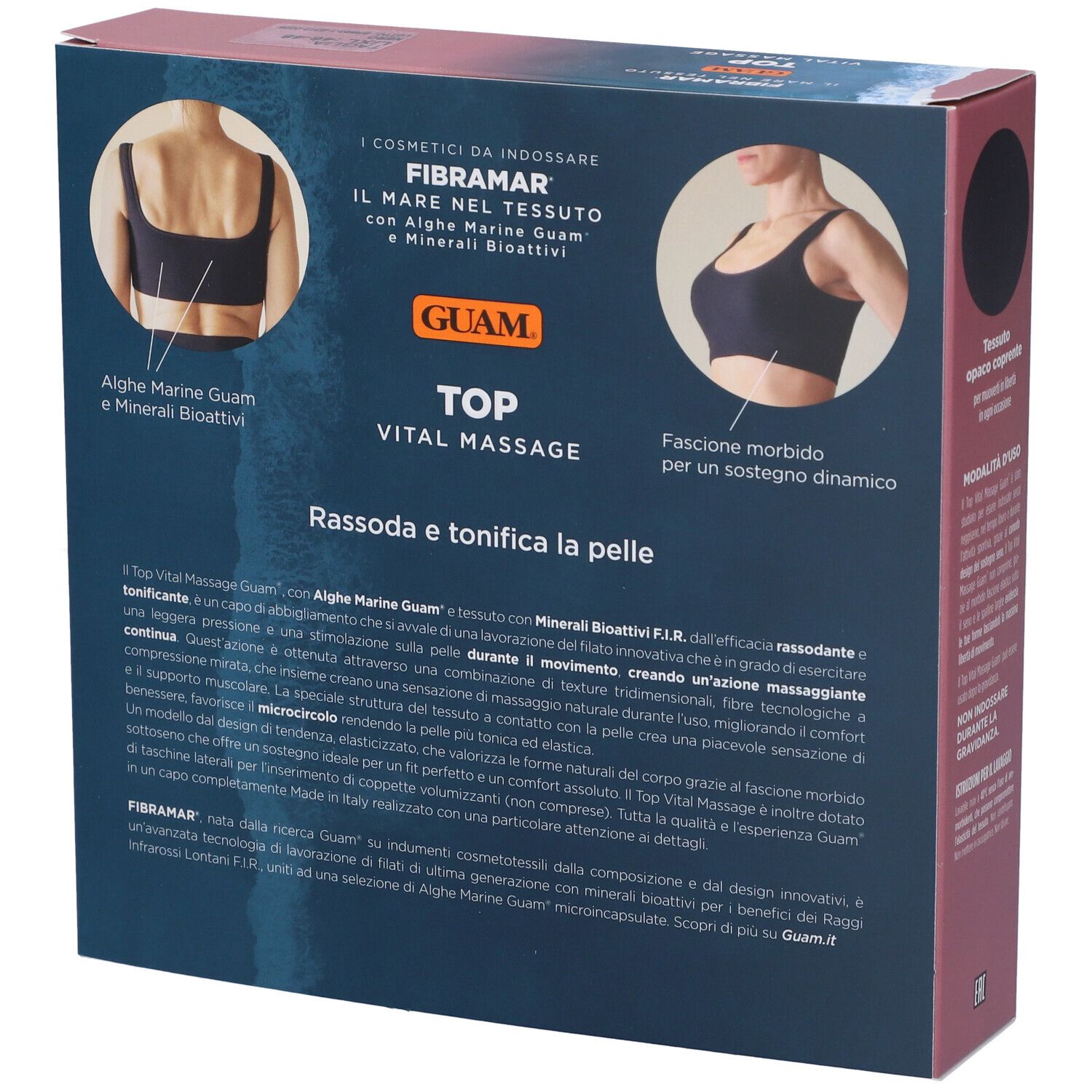 Confezione, retro. Testo: GUAM TOP VITAL MASSAGE. FIBRAMAR. Immagini del prodotto. Testo su ingredienti e caratteristiche.