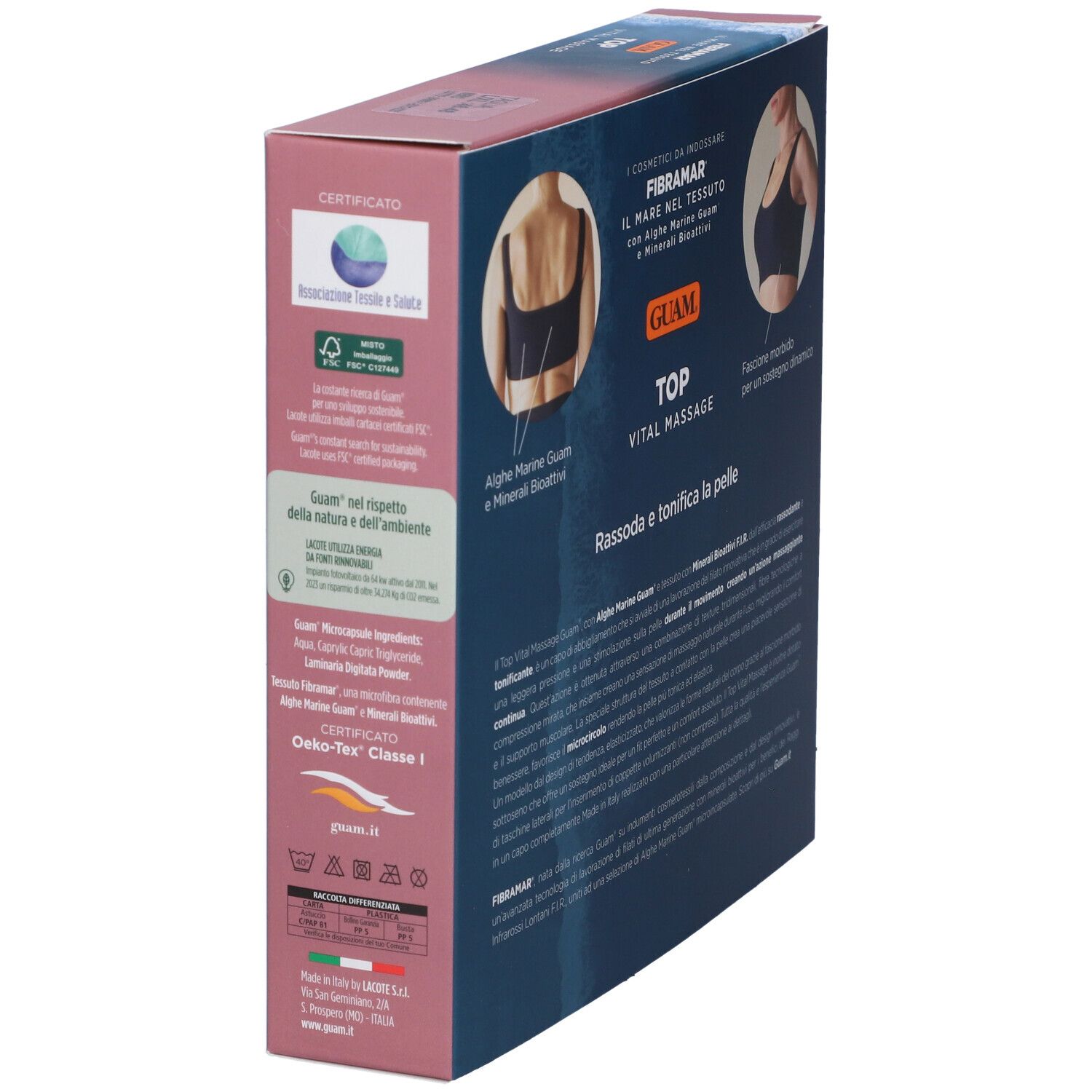 Confezione, vista laterale. Testo: GUAM TOP VITAL MASSAGE. FIBRAMAR. Certificazioni e ingredienti. Logo di riciclo.