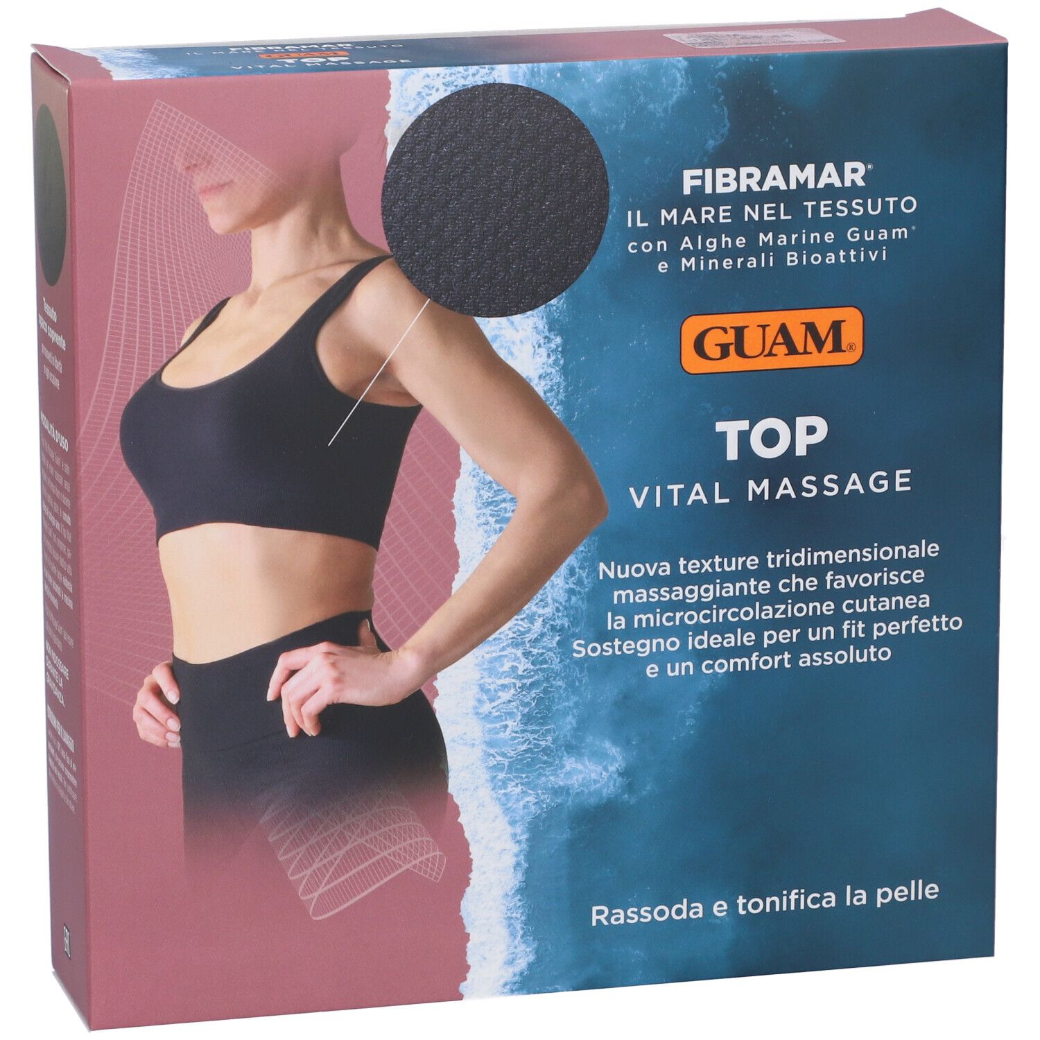 Confezione con immagine del prodotto. Testo: GUAM TOP VITAL MASSAGE. FIBRAMAR. Donna con reggiseno e pantaloni sportivi. Motivo a onde sullo sfondo.