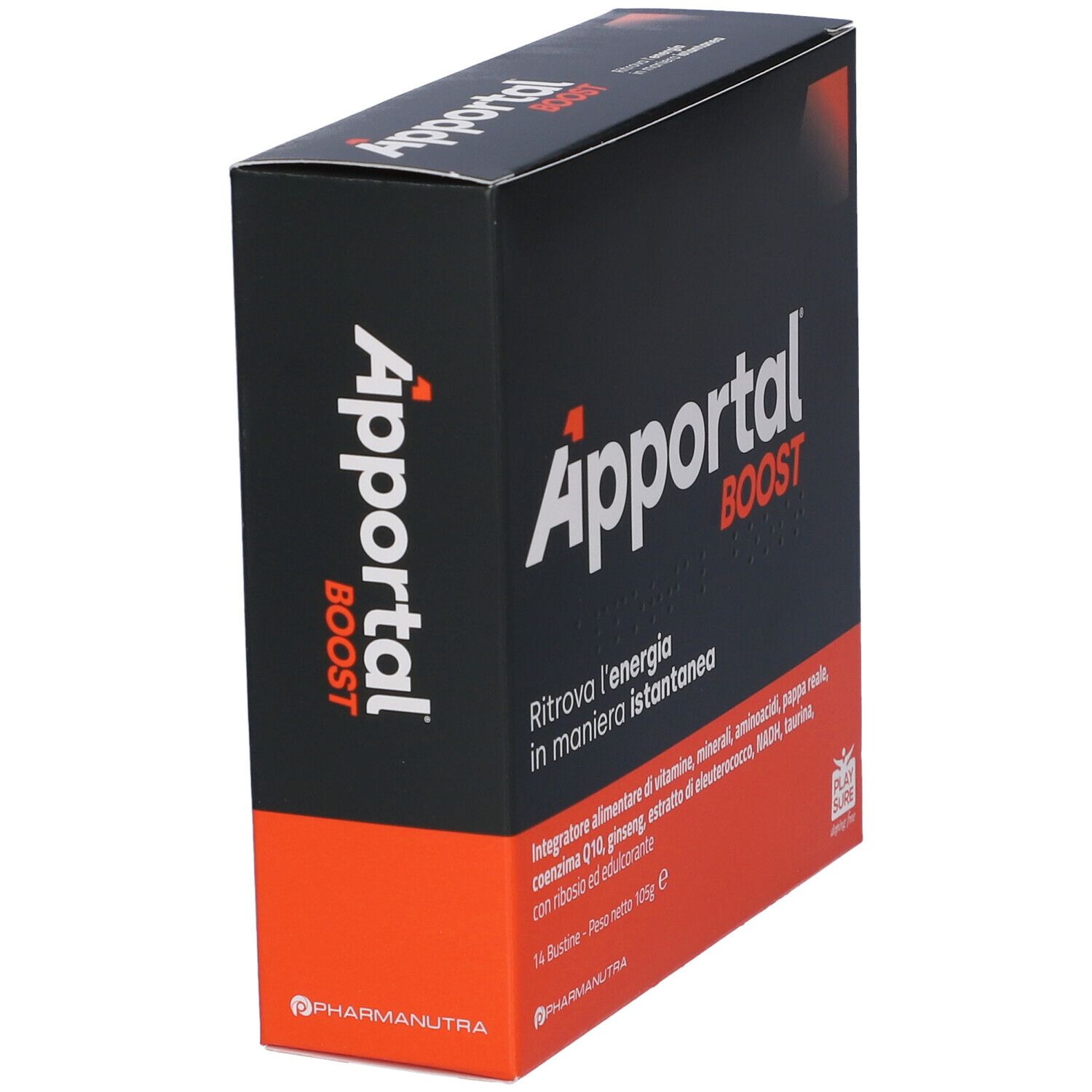 Scatola nera e arancione. Scritta Apportal BOOST. Logo del marchio visibile. Vista prospettica.