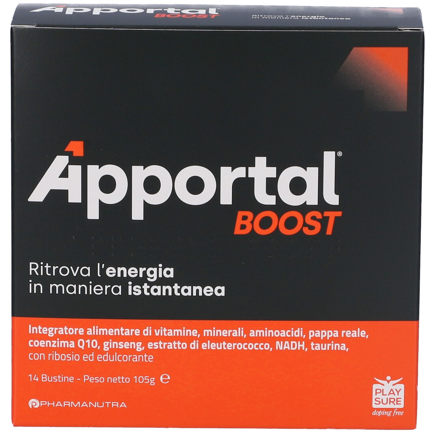 Scatola nera e arancione. Scritta Apportal BOOST. Contiene 14 bustine. Logo del marchio visibile.