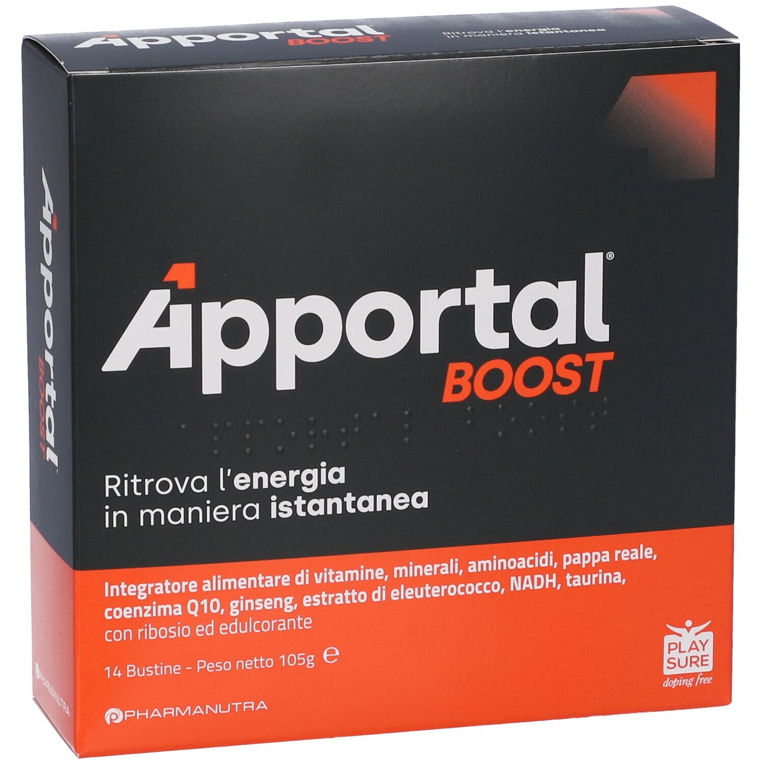 Scatola nera e arancione. Scritta Apportal BOOST. Contiene 14 bustine. Logo del marchio visibile.