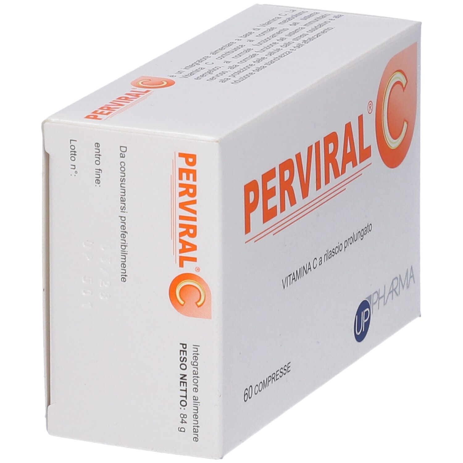 Scatola angolata. PERVIRAL C, 60 compresse. Logo UP Pharma. Testo: Vitamina C. Dettagli sulla confezione.
