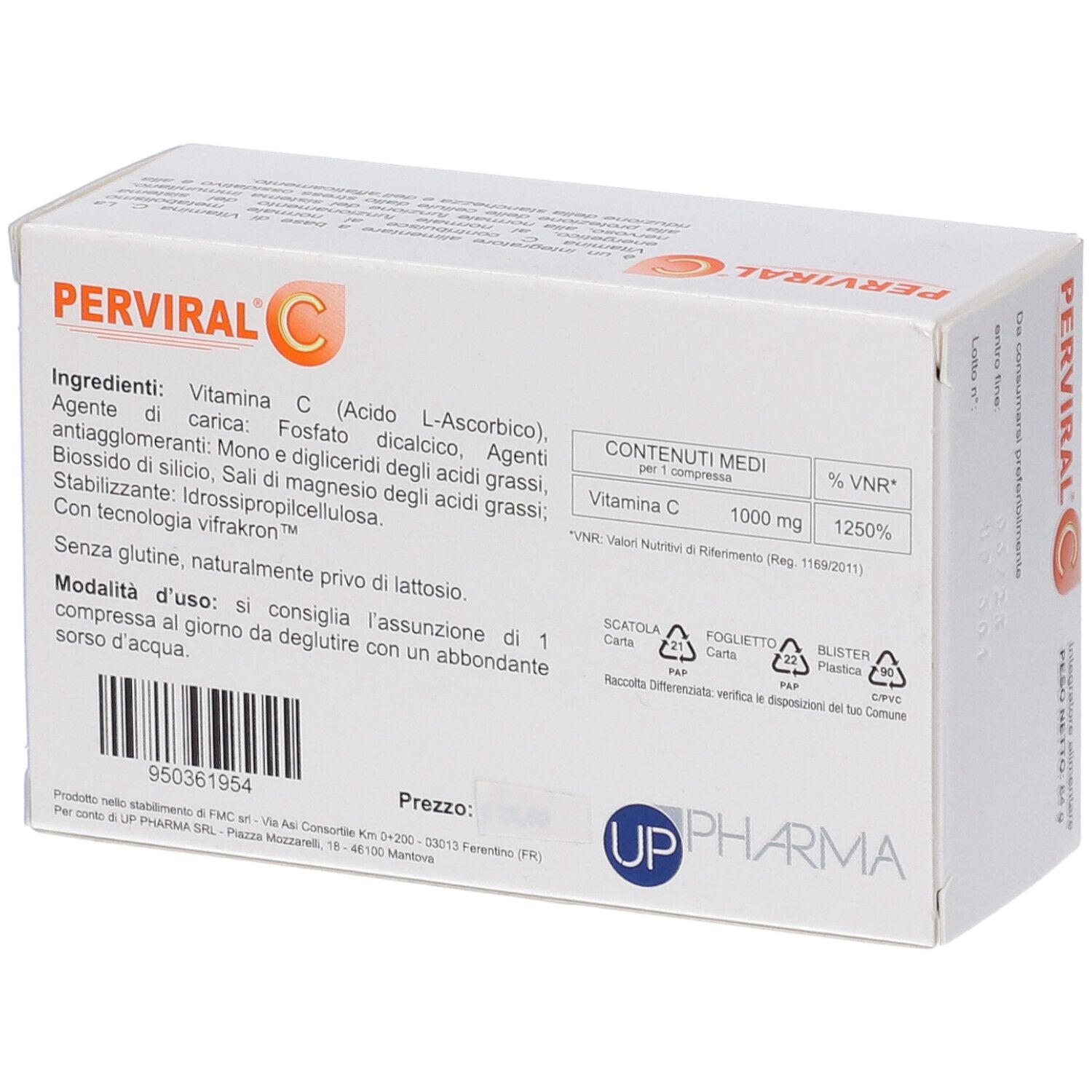 Retro della scatola. PERVIRAL C. Ingredienti, informazioni nutrizionali, logo UP Pharma. Codice a barre e simboli di riciclo.