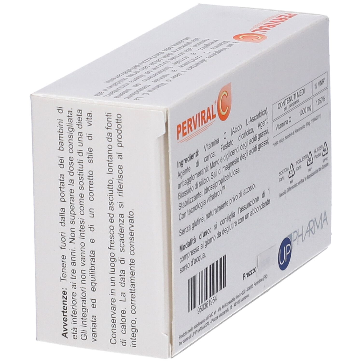 Scatola angolata. PERVIRAL C. Ingredienti, informazioni nutrizionali, logo UP Pharma. Codice a barre e simboli di riciclo.