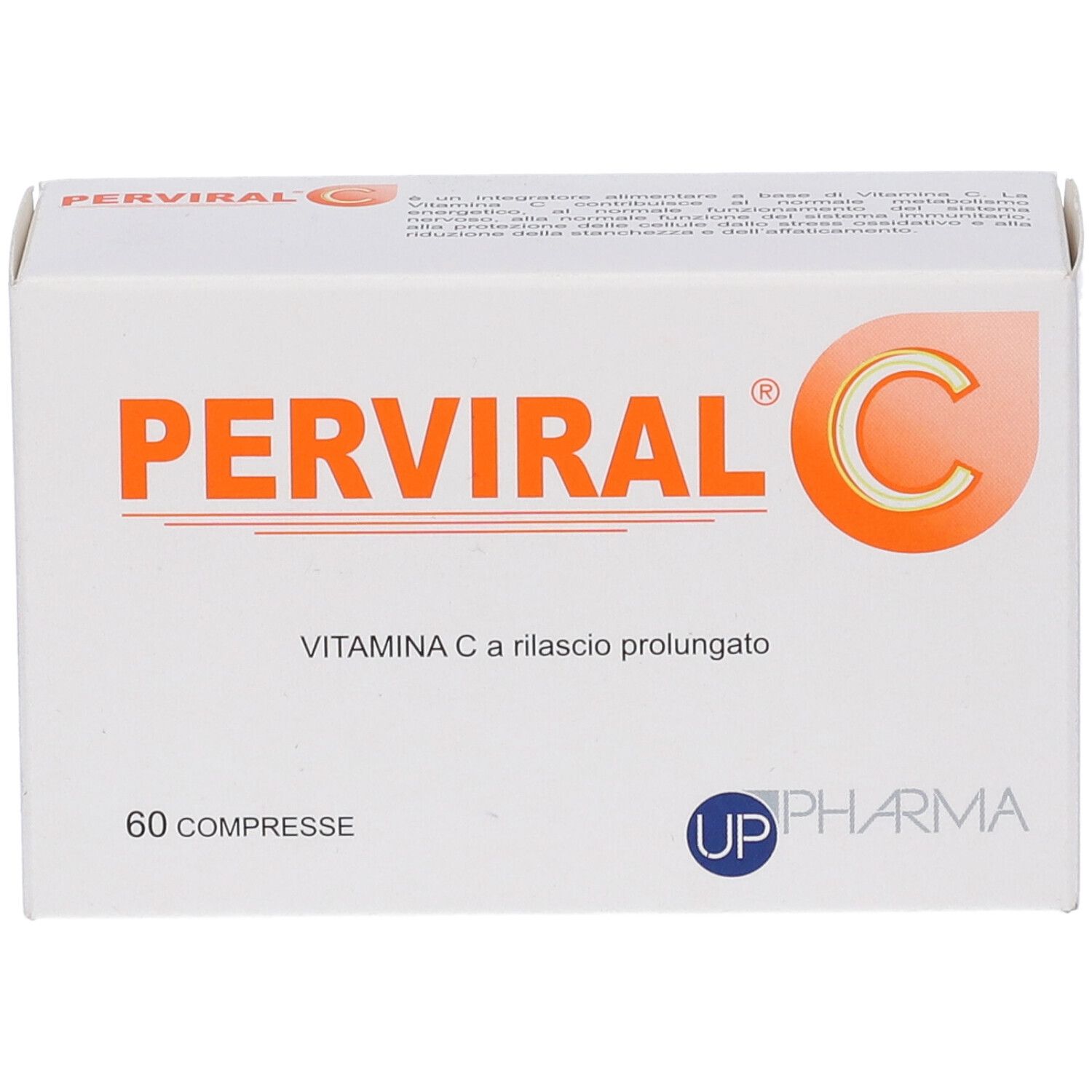 Scatola bianca con testo arancione: PERVIRAL C, 60 compresse. Logo UP Pharma. Vitamina C a rilascio prolungato.