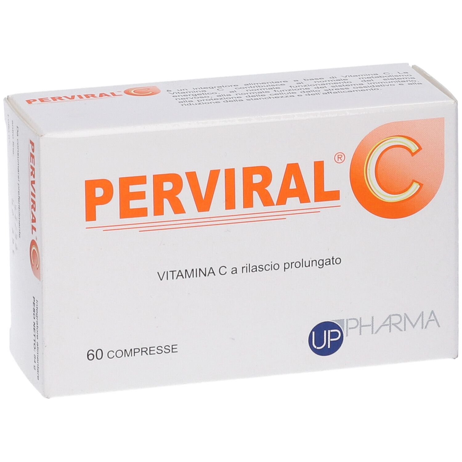 Scatola bianca con testo arancione: PERVIRAL C, 60 compresse. Logo UP Pharma. Vitamina C a rilascio prolungato.