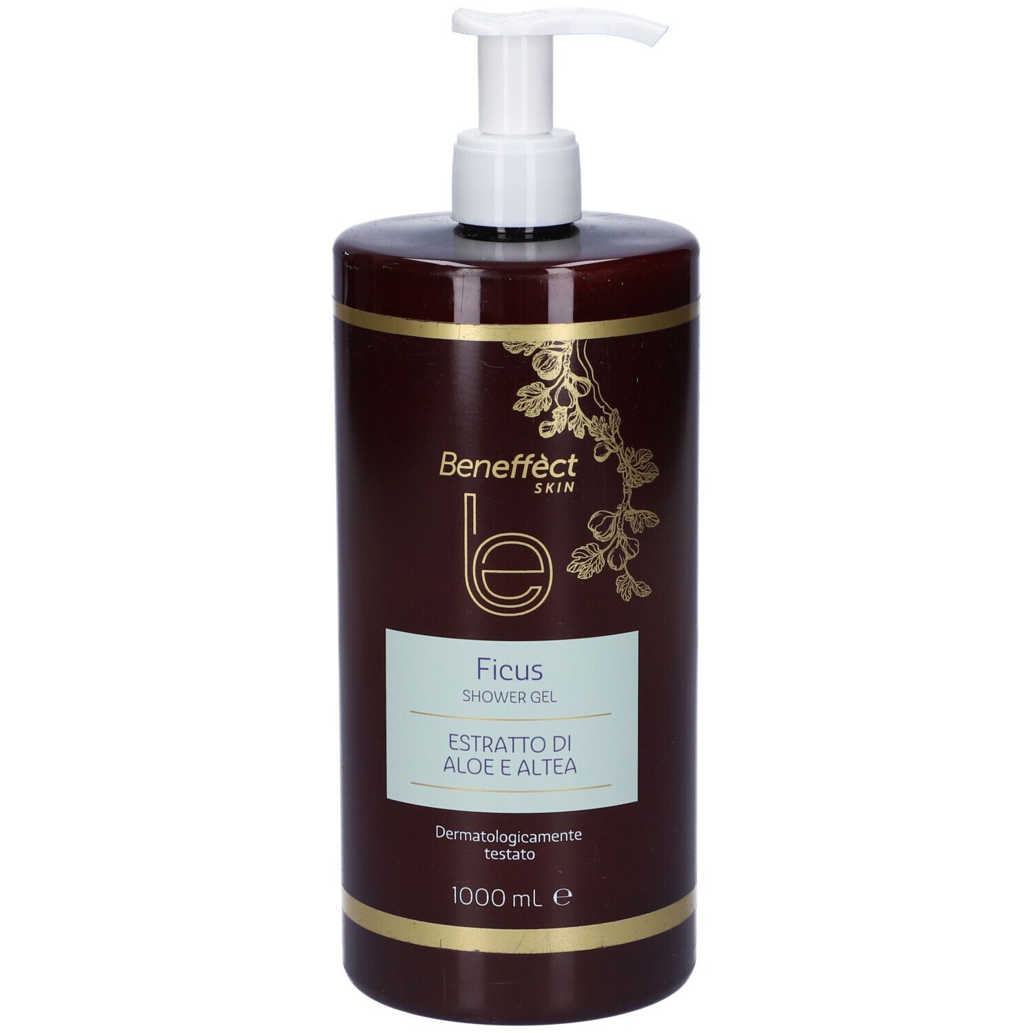 Flacone marrone con dosatore bianco. Scritta: Ficus Shower Gel, 1000 ml. Dermatologicamente testato.