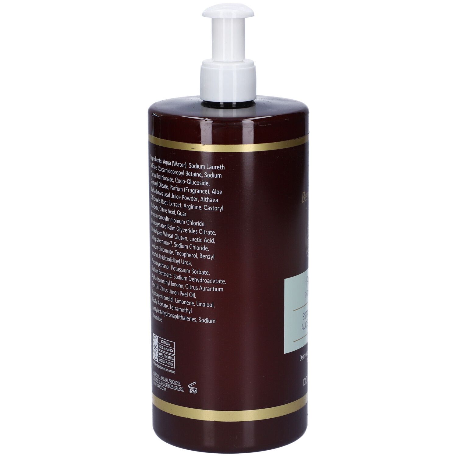 Flacone marrone con dosatore bianco. Retro con ingredienti e testo. Strisce dorate.