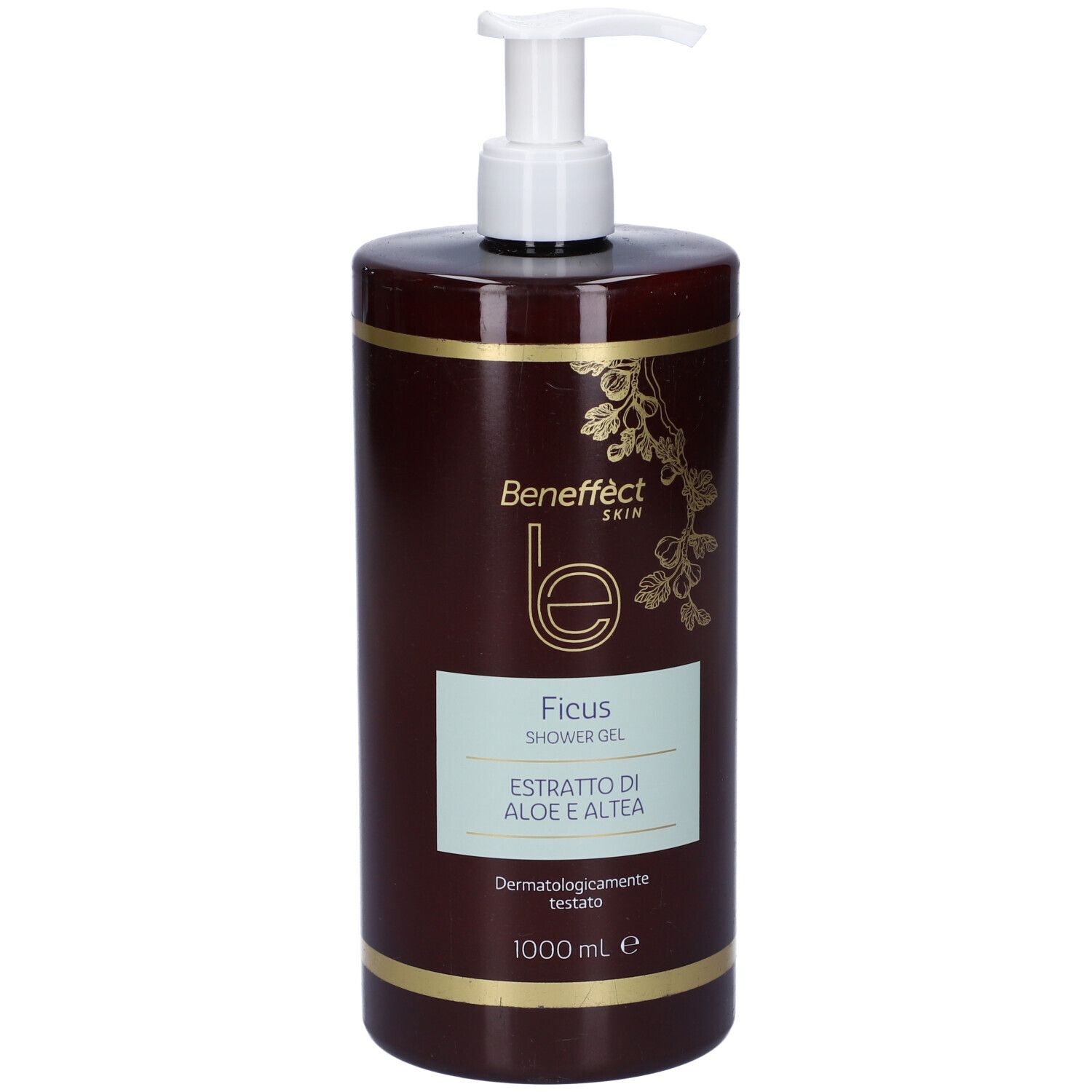Flacone marrone con dosatore bianco. Scritta: Ficus Shower Gel, 1000 ml. Dermatologicamente testato.
