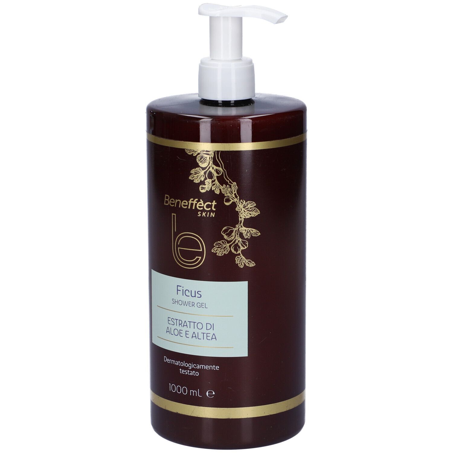 Flacone marrone con dosatore bianco. Scritta: Ficus Shower Gel, 1000 ml. Dermatologicamente testato.