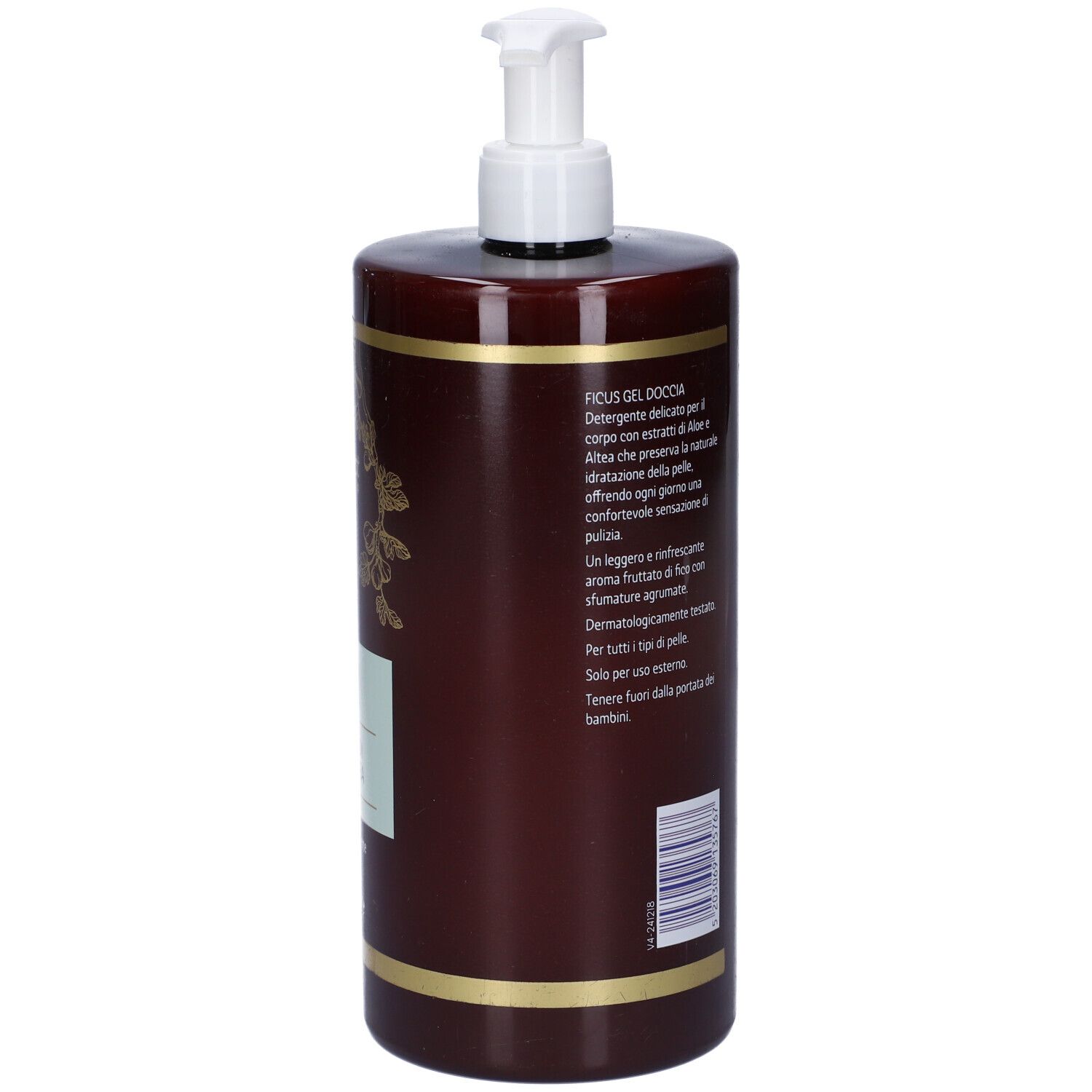 Flacone marrone con dosatore bianco. Retro con testo. Strisce dorate. Dermatologicamente testato.