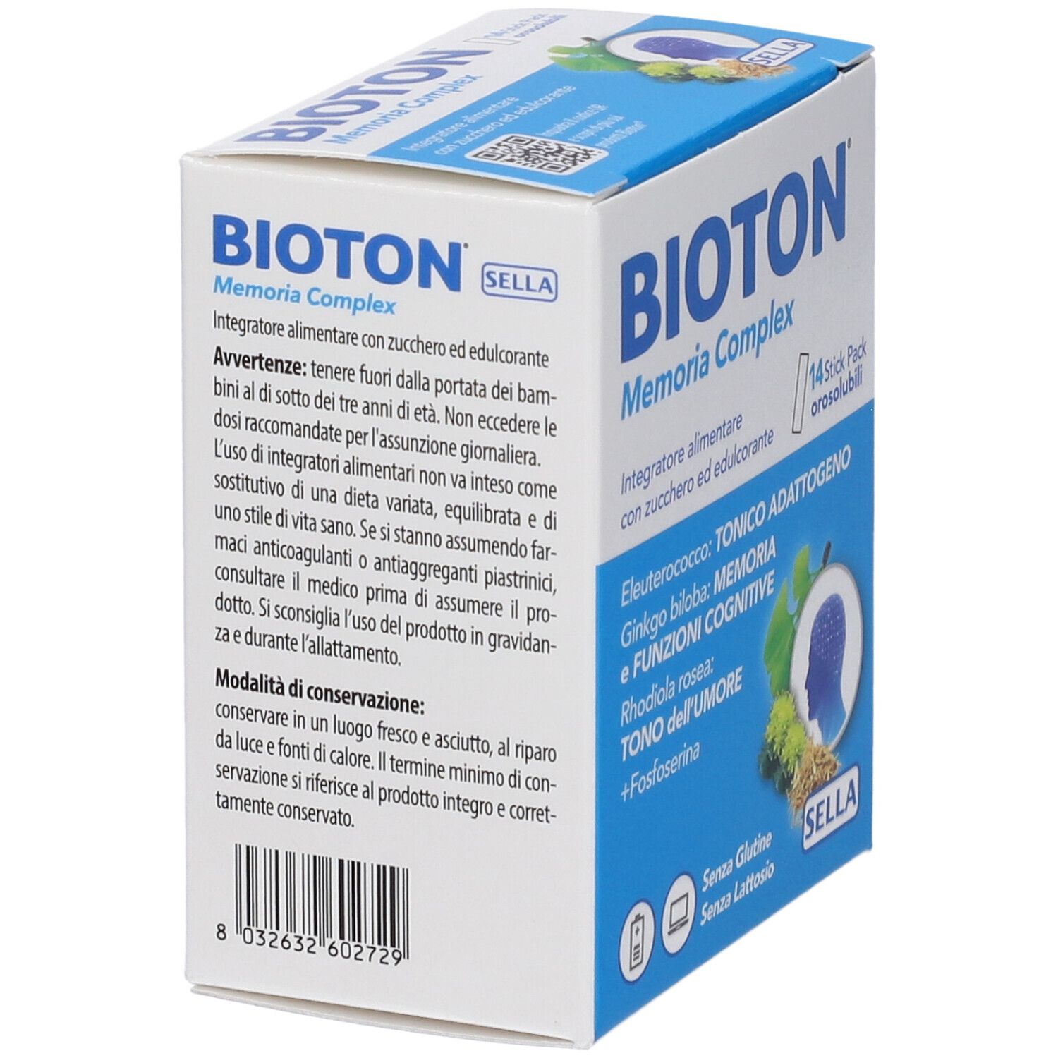 Retro della confezione Bioton Memoria Complex. Testo su utilizzo e conservazione. Scatola bianca e blu.