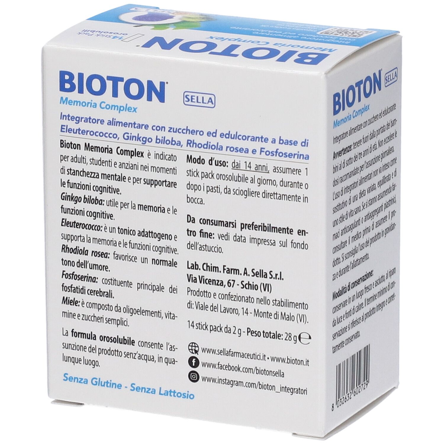 Superficie della confezione Bioton Memoria Complex. Testo su ingredienti e produttore. Scatola bianca e blu.