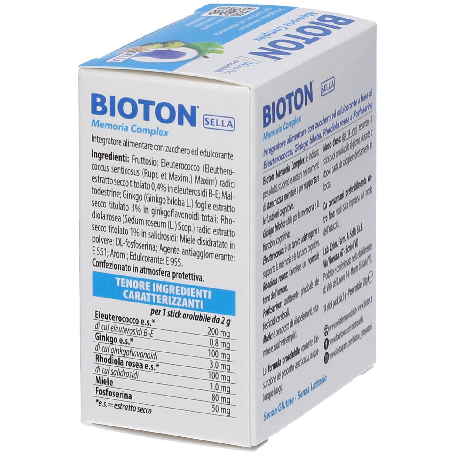 Lato della confezione Bioton Memoria Complex. Elenco degli ingredienti per porzione. Scatola bianca e blu.