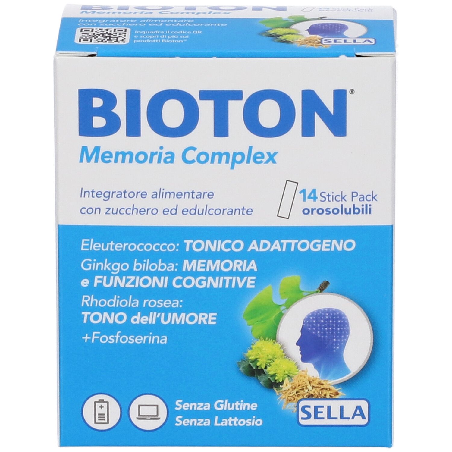 Fronte della confezione Bioton Memoria Complex. Nome del prodotto, ingredienti e 14 stick pack. Scatola blu e bianca.