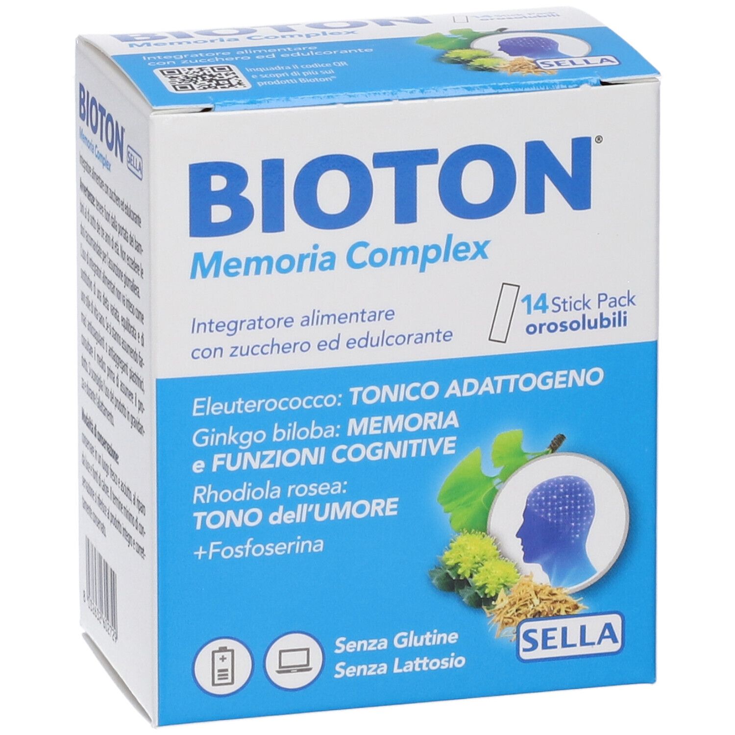 Fronte della confezione Bioton Memoria Complex. Nome del prodotto, ingredienti e 14 stick pack. Scatola blu e bianca.