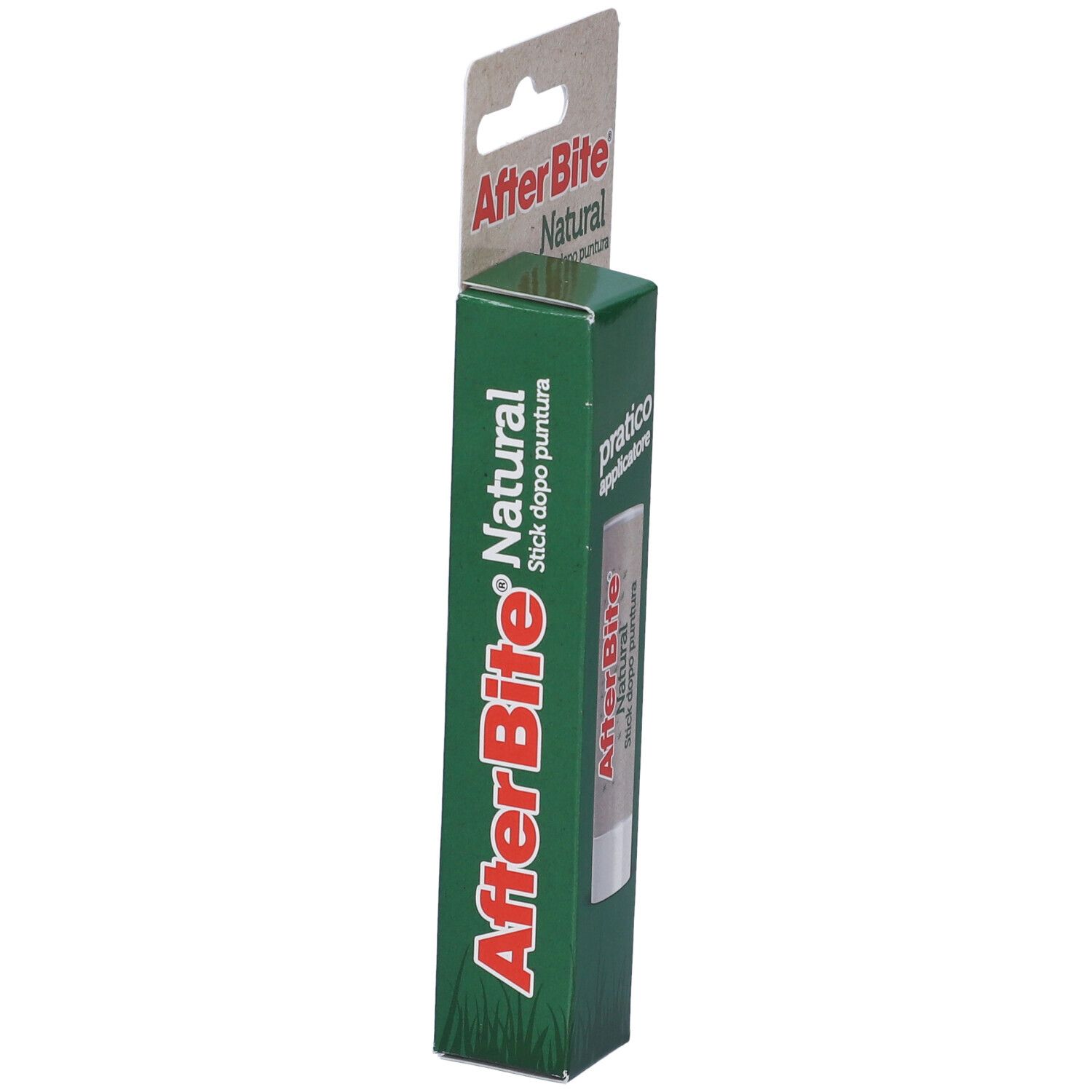 AfterBite Natural Stick. Scatola verde con stick. Scritta: AfterBite Natural, 'pratico applicatore'.