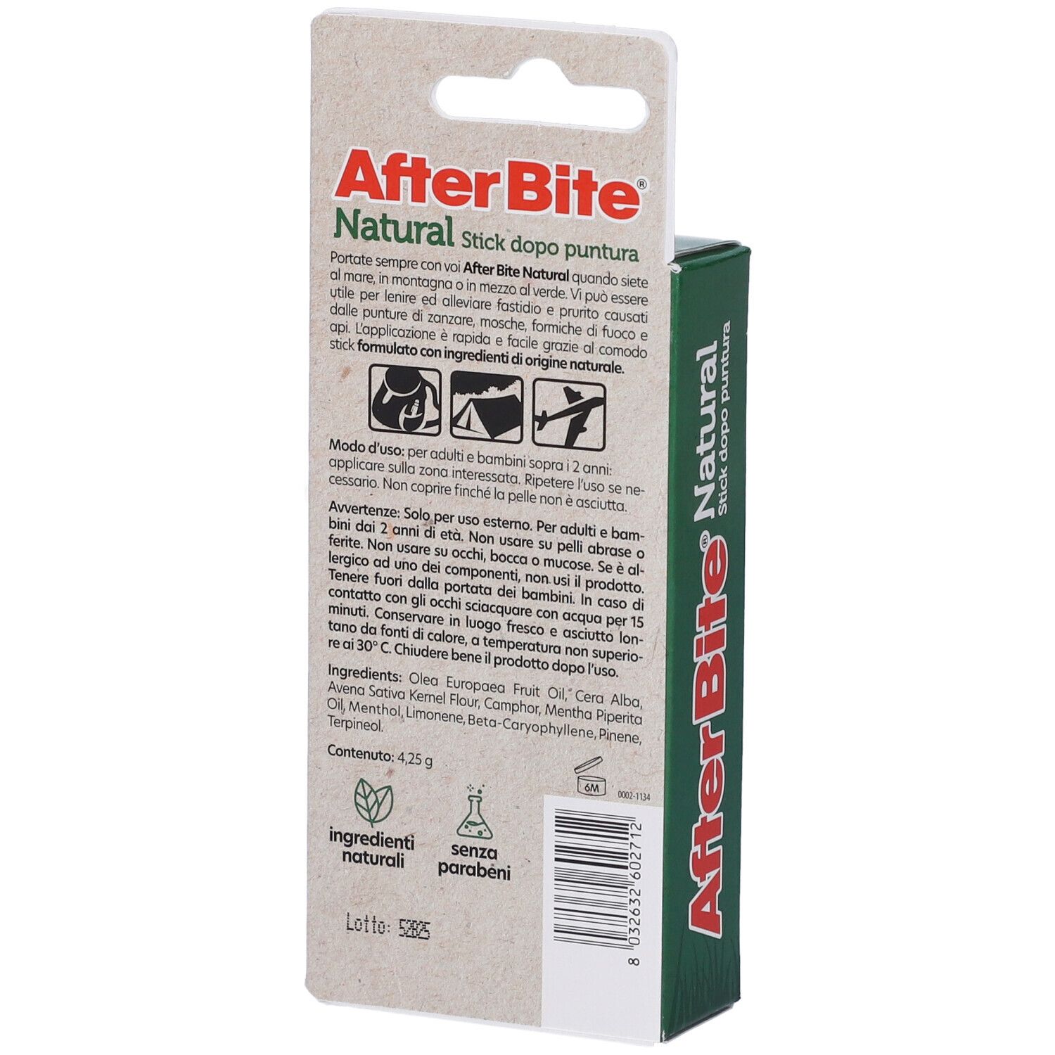 AfterBite Natural Stick. Retro della confezione. Testo su uso e ingredienti. '4.25 g'.