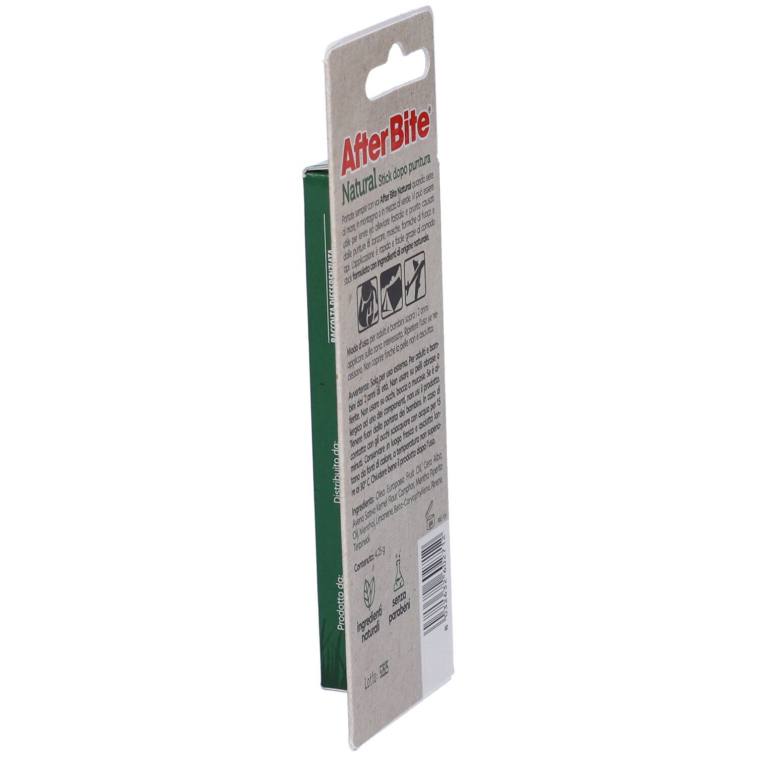 AfterBite Natural Stick. Vista laterale della confezione. Testo e pittogrammi. '4.25 g'.