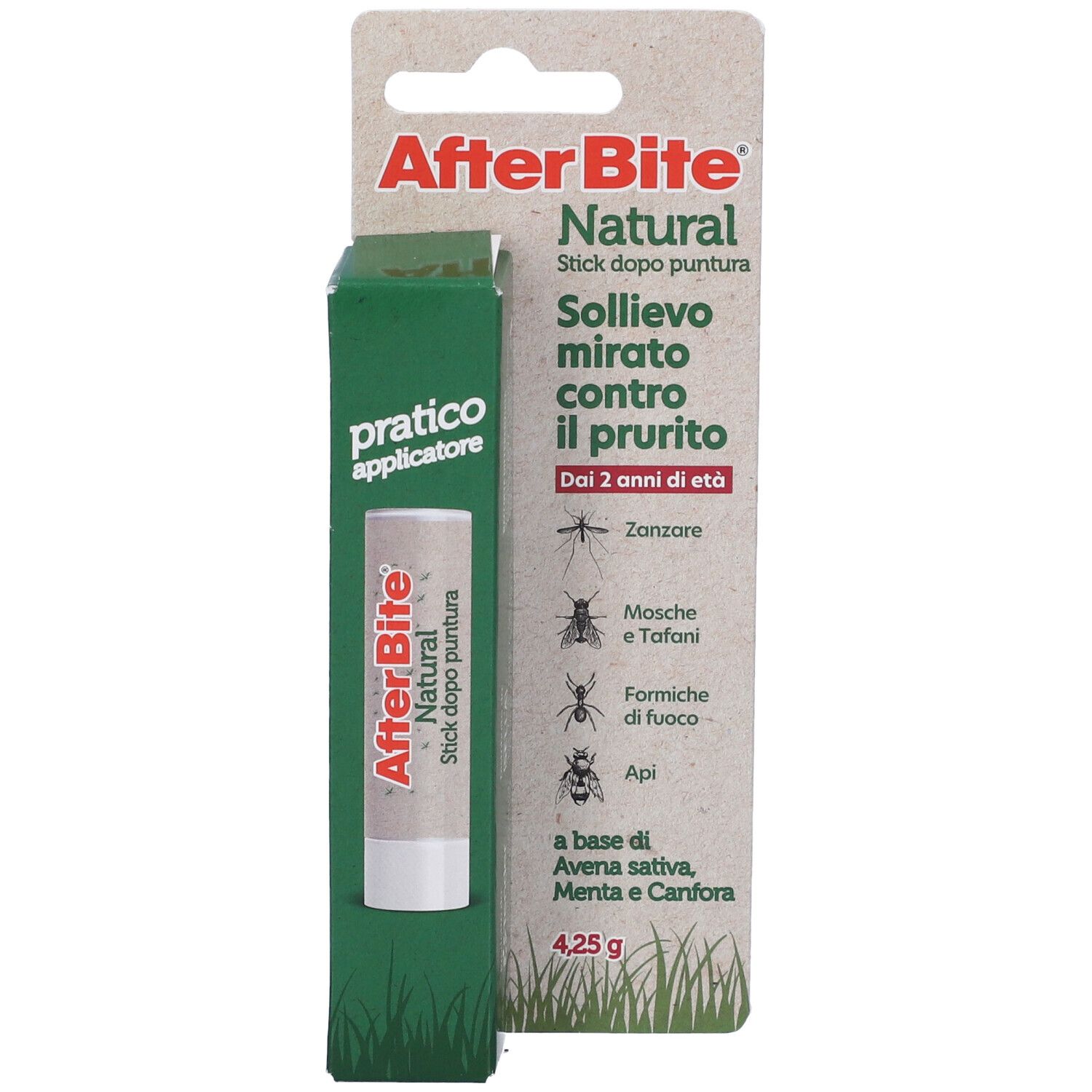 AfterBite Natural Stick. Confezione con stick e cartone. Scritta: 'Sollievo mirato contro il prurito'.