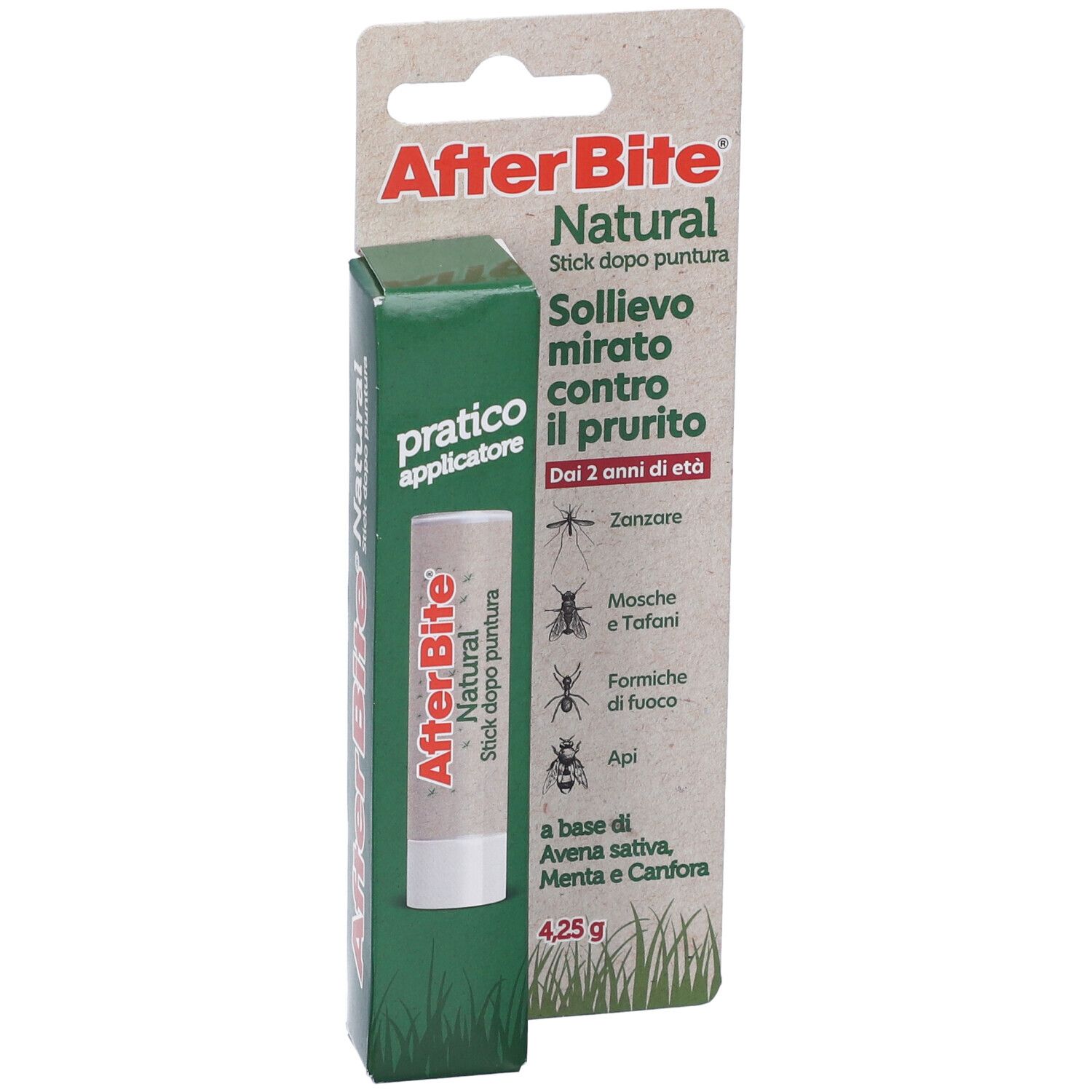 AfterBite Natural Stick. Confezione con stick e cartone. Scritta: 'Sollievo mirato contro il prurito'.