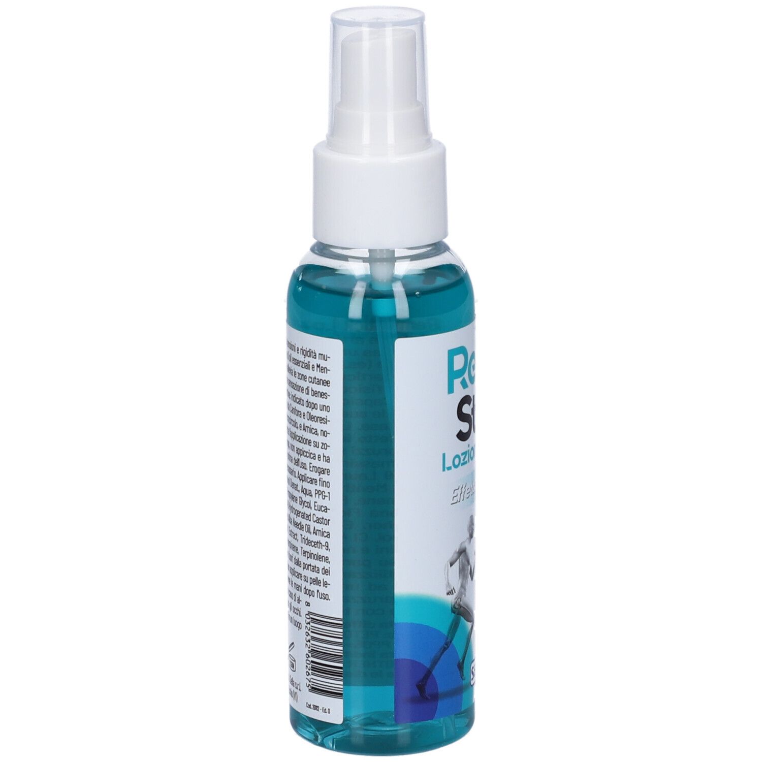 Flacone spray blu trasparente. Testo in italiano. Scritta: Remy Stick Lozione Spray Effetto Freddo.