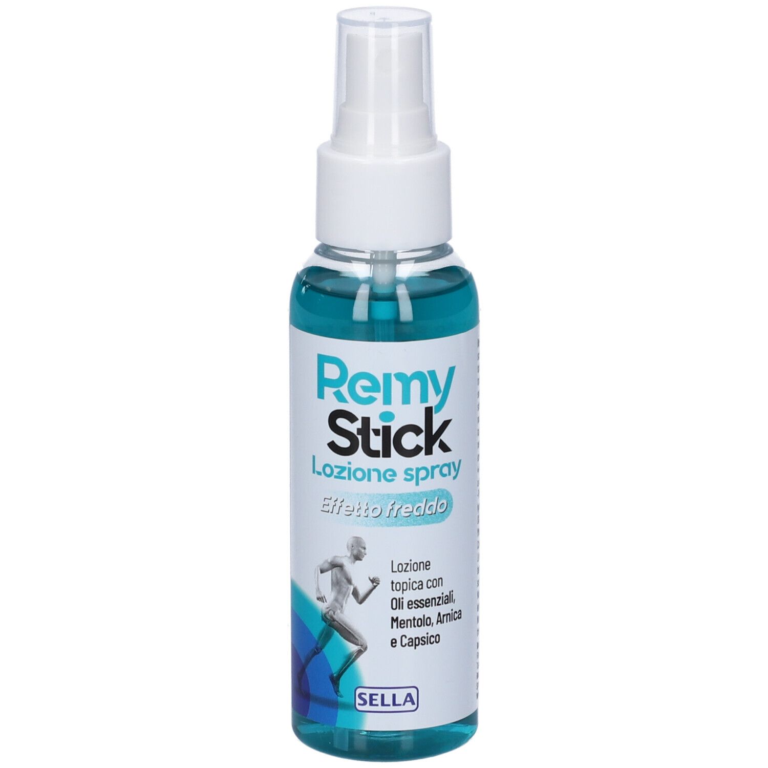 Flacone spray blu trasparente. Scritta: Remy Stick Lozione Spray Effetto Freddo. Immagine di un corridore.