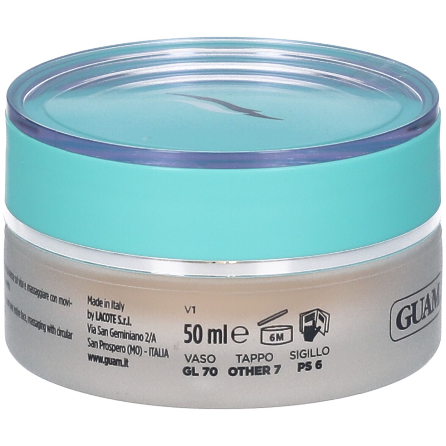 Vaso di crema con coperchio blu. Scritta: GUAM, 50 ml. Informazioni di produzione in Italia.