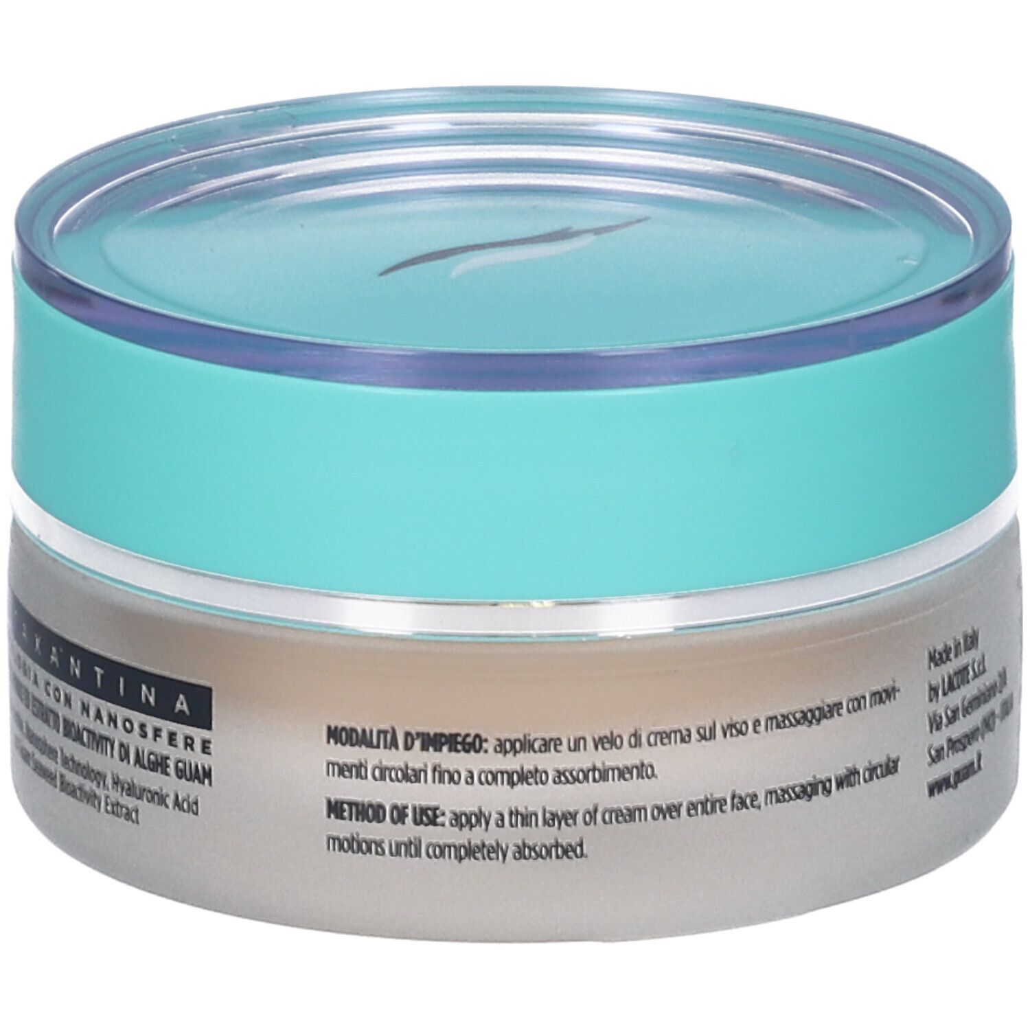 Vaso di crema con coperchio blu. Scritta: Istruzioni per l'uso. Testo in italiano e inglese.