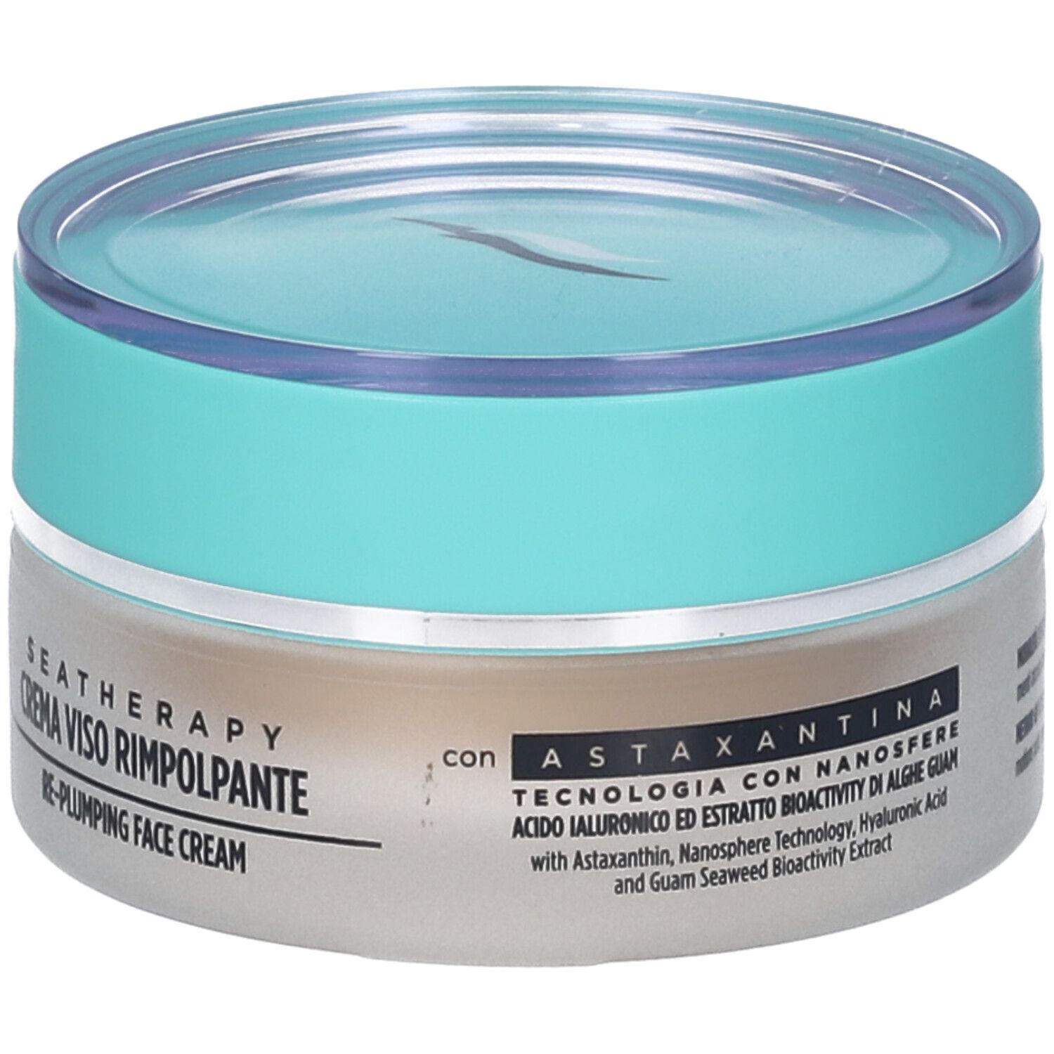 Vaso di crema con coperchio blu. Scritta: SEATHERAPY, CREMA VISO RIMPOLPANTE, con Astaxantina.