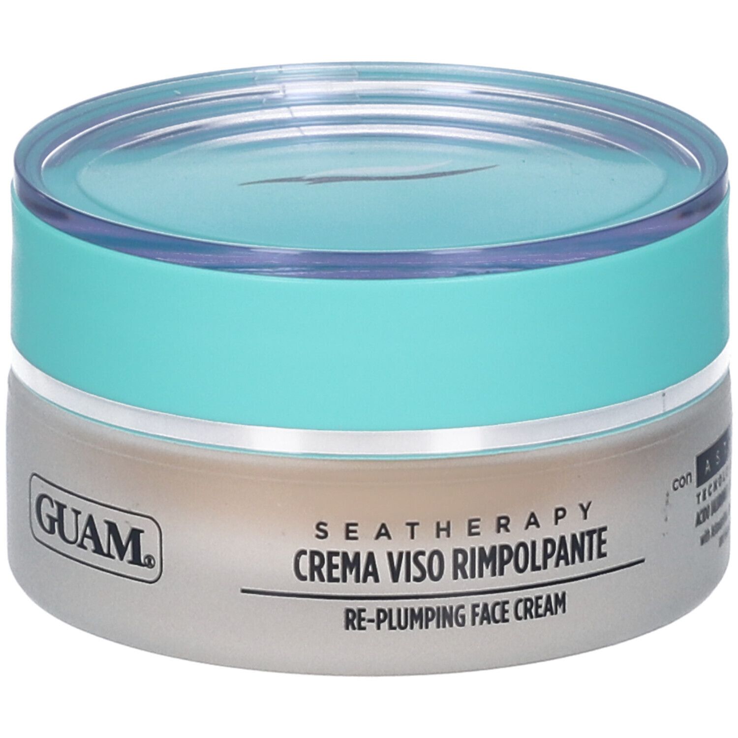 Vaso di crema con coperchio blu. Scritta: SEATHERAPY, CREMA VISO RIMPOLPANTE, RE-PLUMPING FACE CREAM.