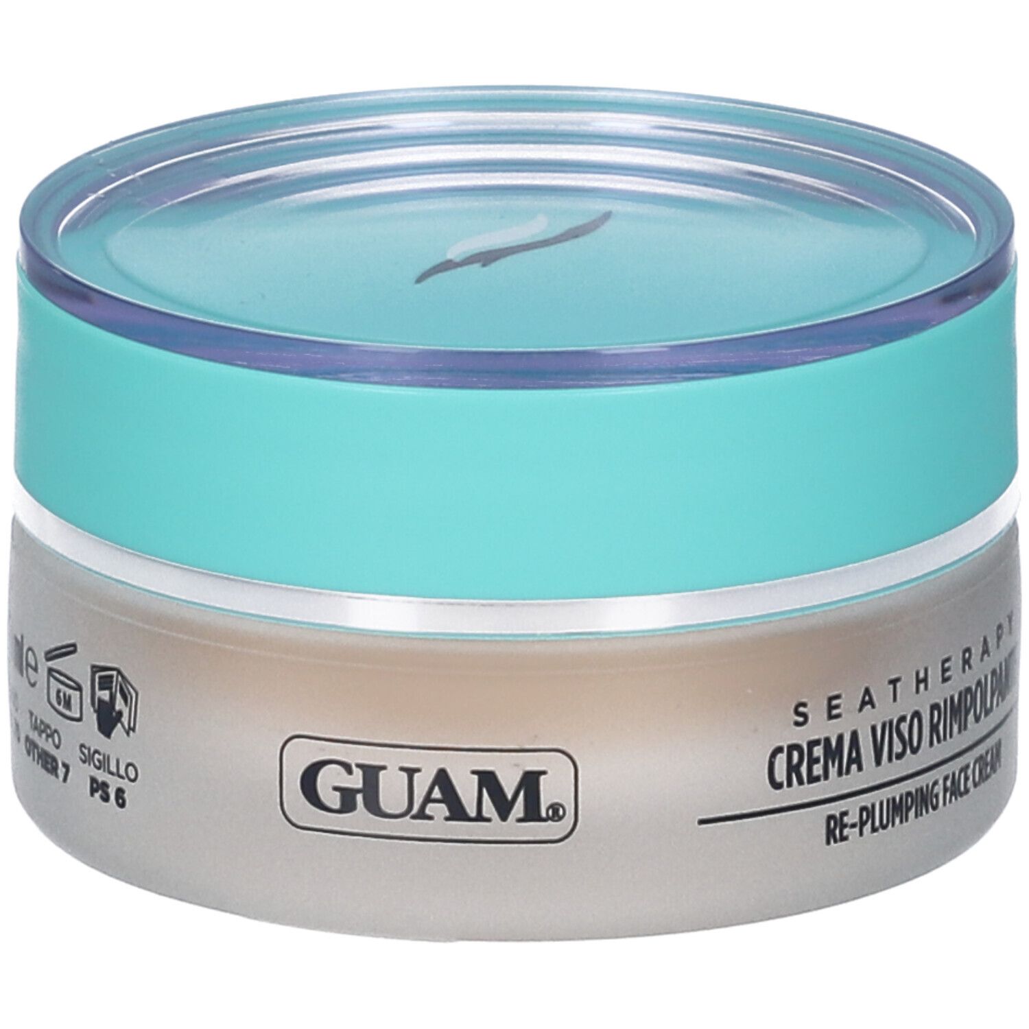 Vaso di crema con coperchio blu. Scritta: GUAM, SEATHERAPY, CREMA VISO RIMPOLPANTE, RE-PLUMPING FACE CREAM.
