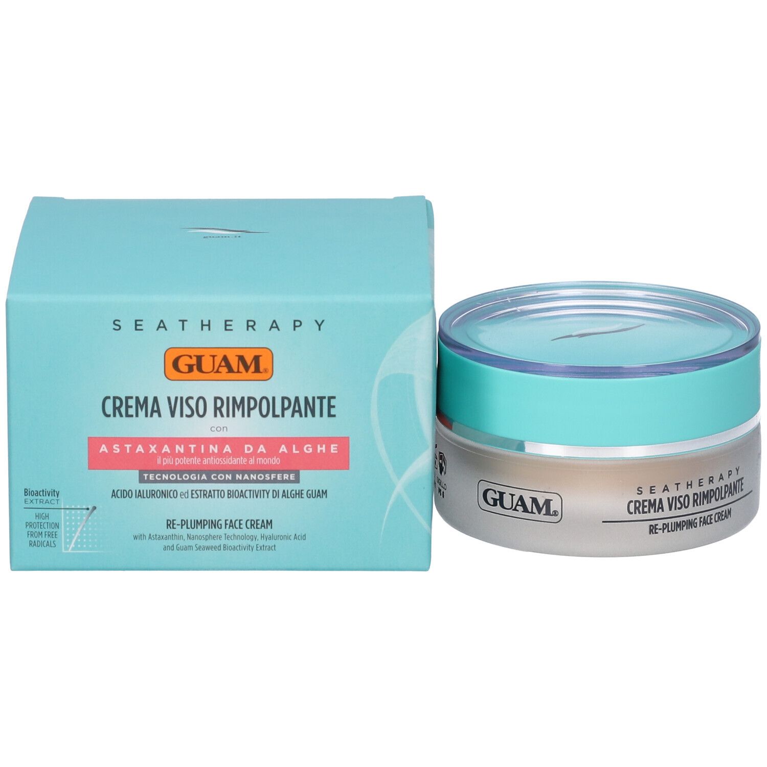 Vaso di crema e scatola. Scritta: GUAM, CREMA VISO RIMPOLPANTE, Astaxantina da Alghe. Confezione blu.