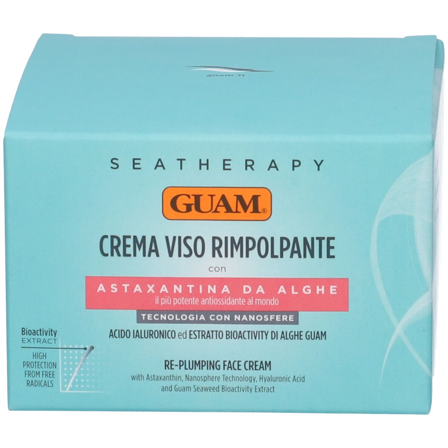 Scatola blu. Scritta: GUAM, CREMA VISO RIMPOLPANTE, Astaxantina da Alghe. Testo e logo.