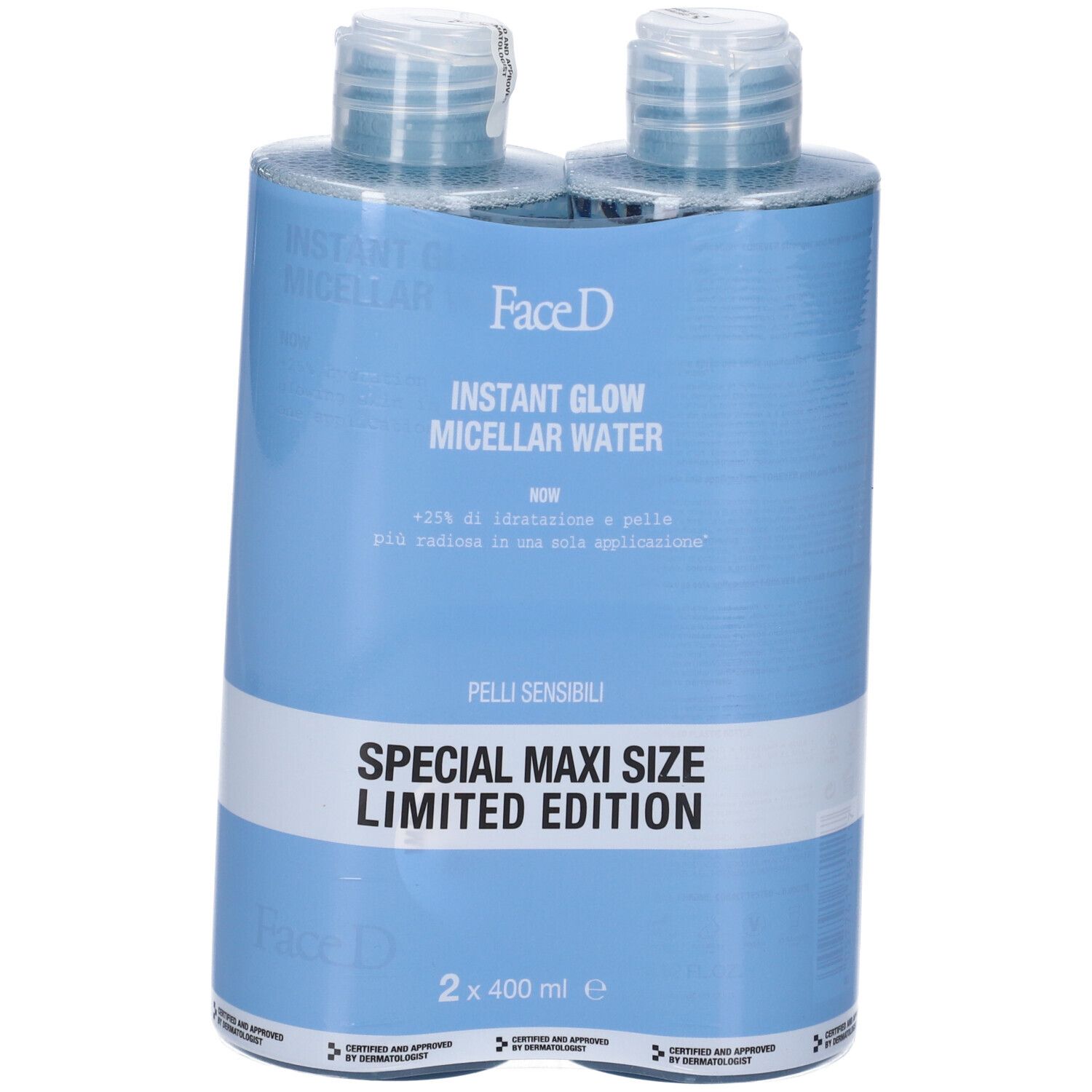 Due flaconi confezionati. Scritta: Instant Glow Micellar Water, FaceD. Special Maxi Size Limited Edition. Certificato.