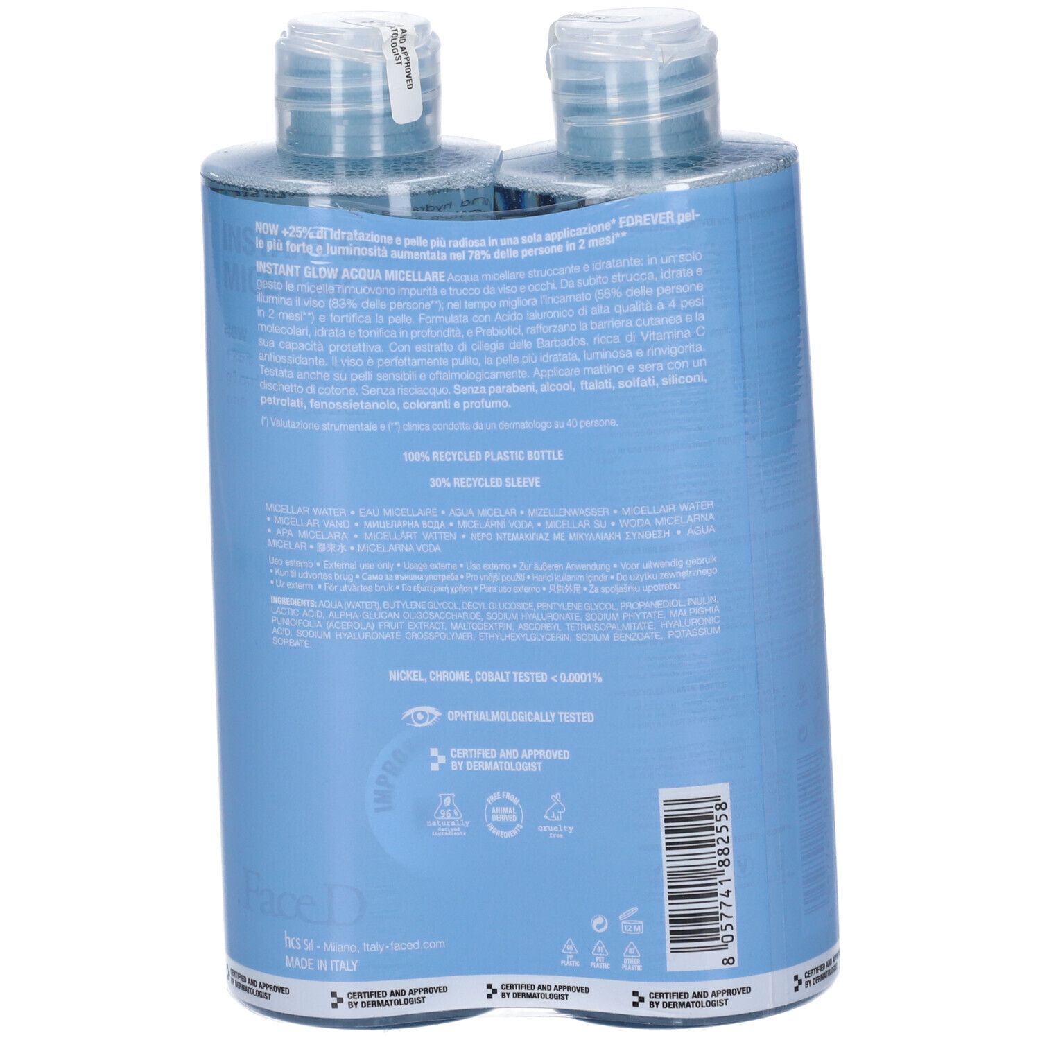 Retro di due flaconi. Scritta: Instant Glow Micellar Water, FaceD. Ingredienti. Certificato. Materiale riciclato.