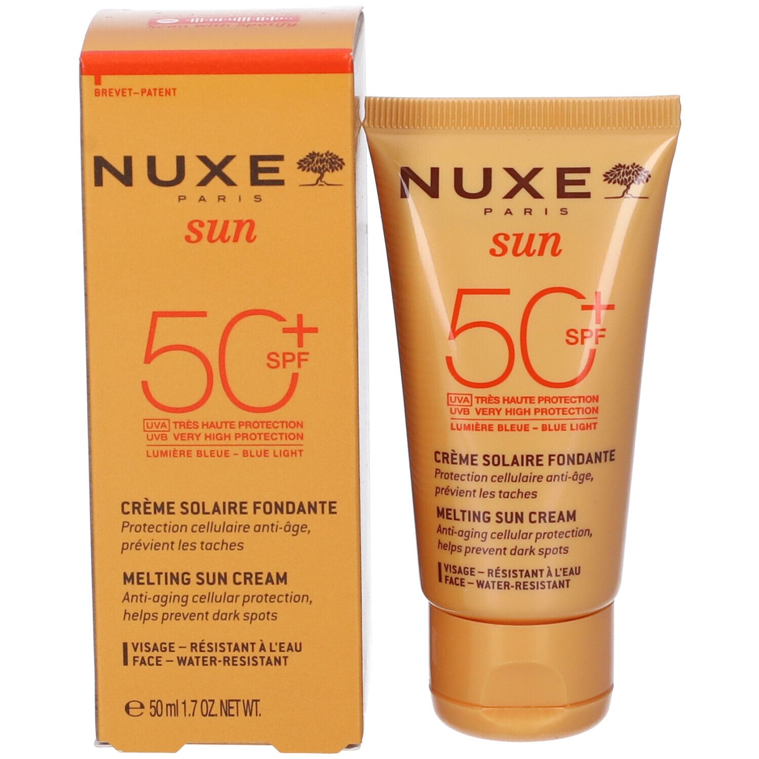 Tubo e scatola di crema solare. Arancione con testo bianco. Nome del prodotto e SPF visibili.