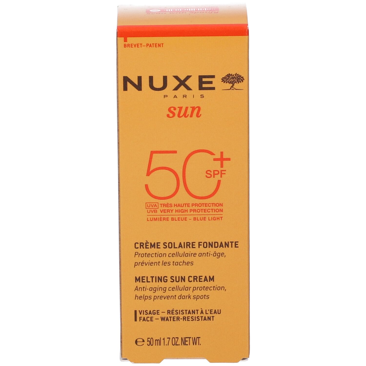 Scatola arancione con testo bianco. Nome del prodotto, SPF e descrizione visibili.