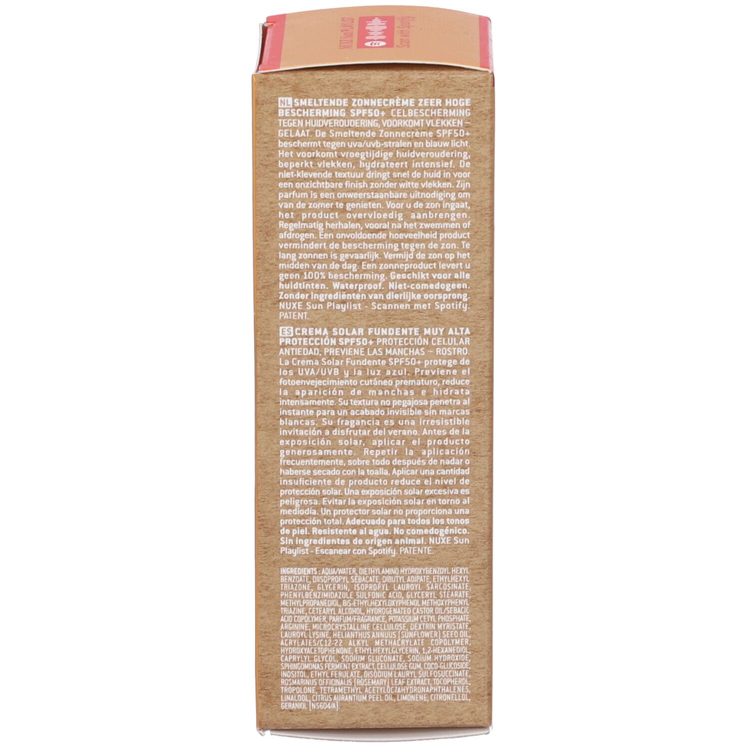 Scatola marrone con testo multilingue. Contiene informazioni sul prodotto e ingredienti.